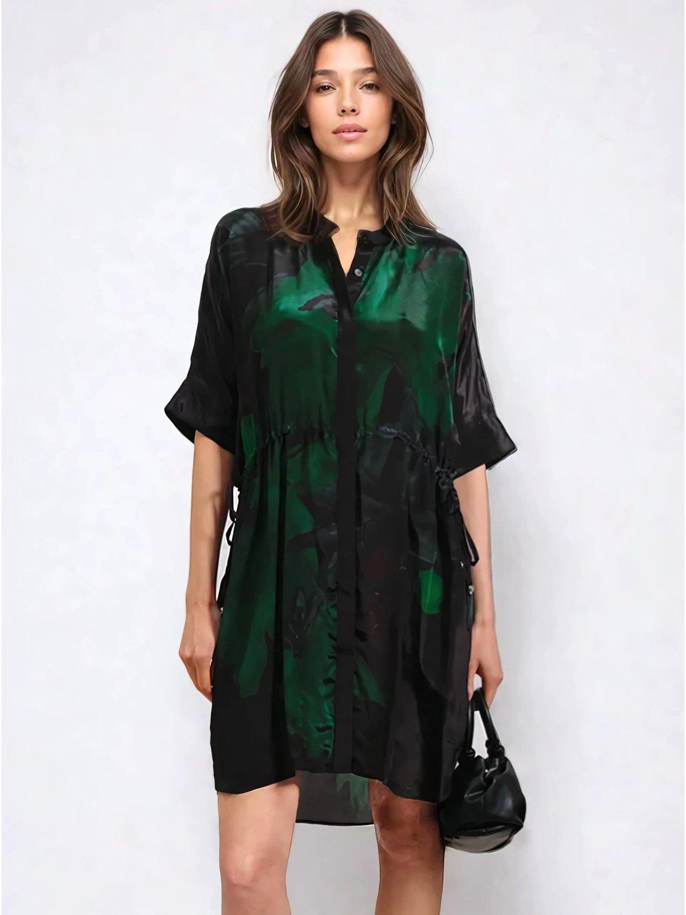 undefined Jade Tie Waist Floral Placement Tunic - Green