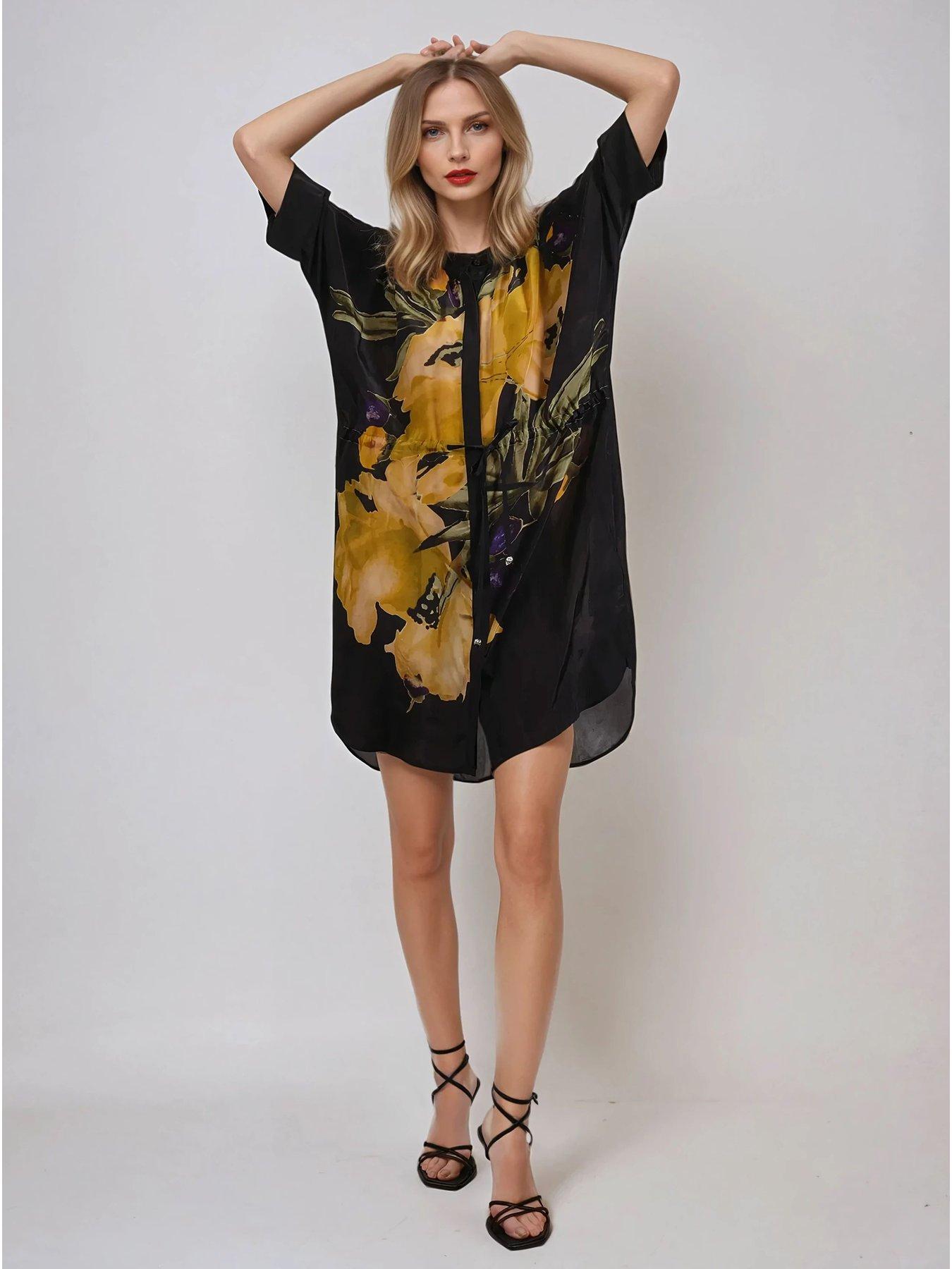 undefined Jade Floral Placement Tunic Dress - Yellow