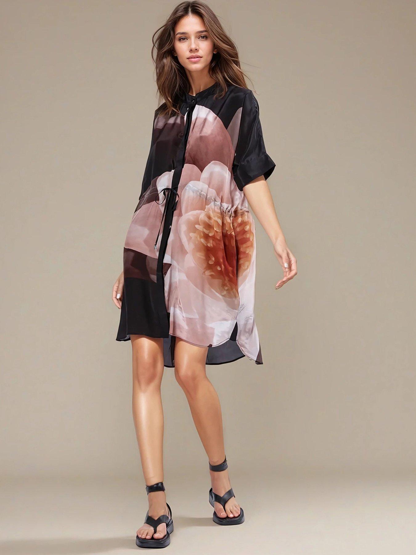 Image 1 of 6 of Religion Jade Floral Placement Tunic Dress - Beige