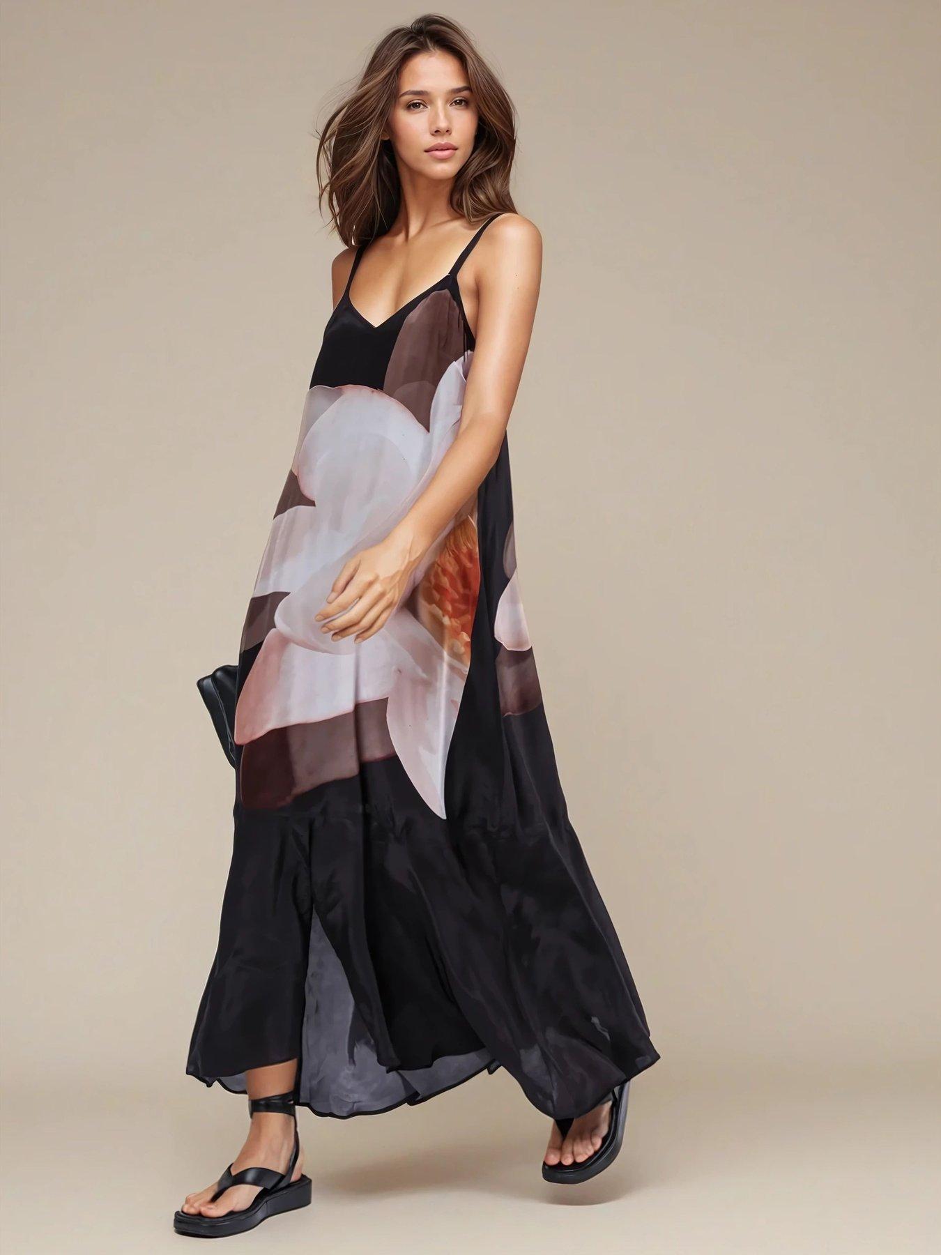 undefined Jade Floral Placement Maxi Dress - Beige