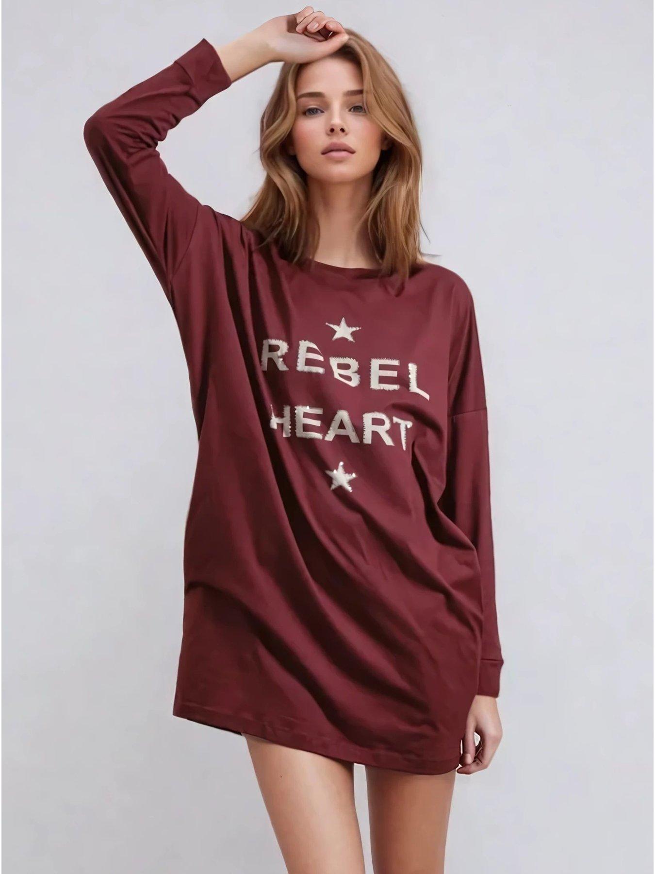 undefined Rebel Slogan Beaded Tunic Dress  - Red
