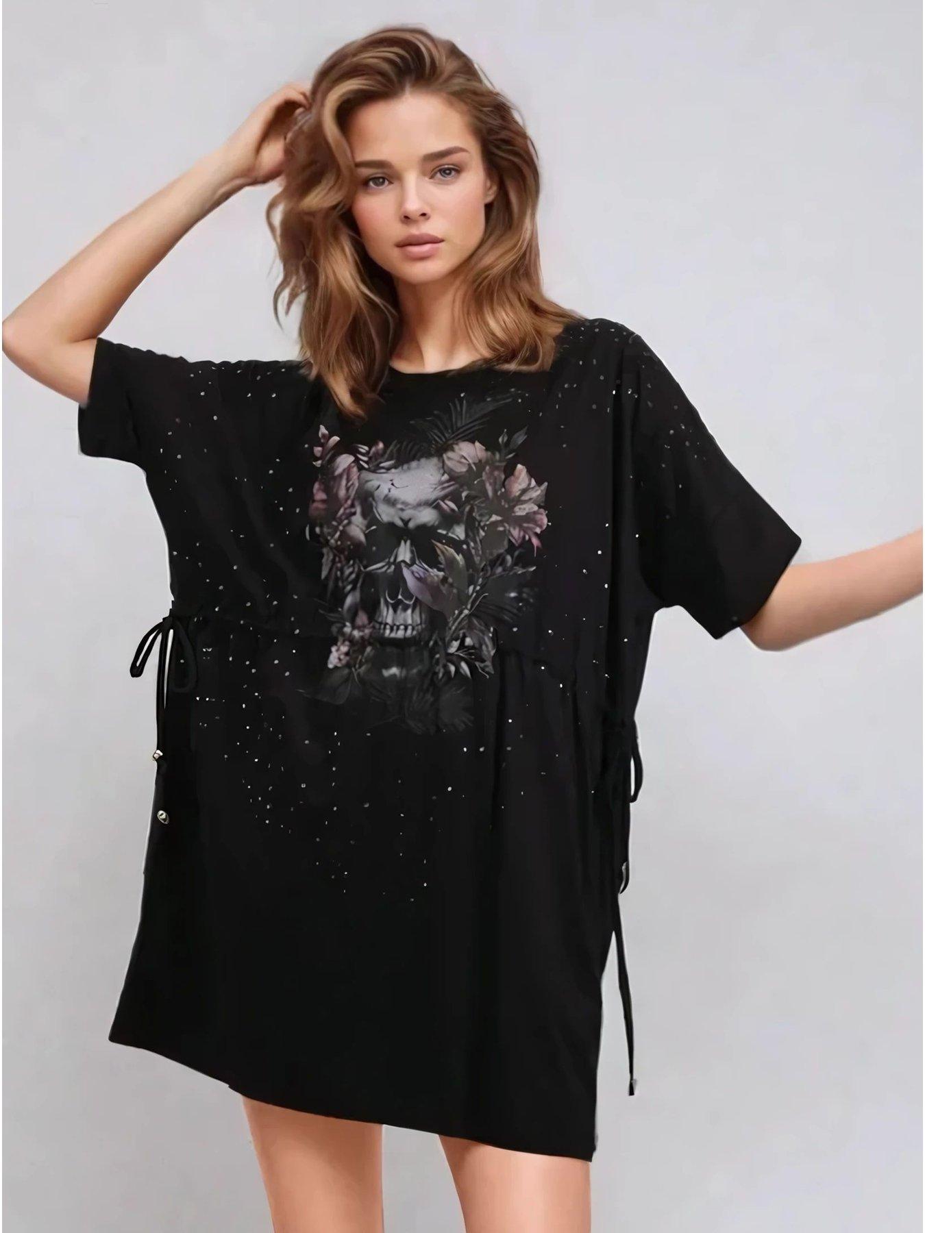 undefined Topaz Jersey Beaded Skull Tunic Dress  - Black