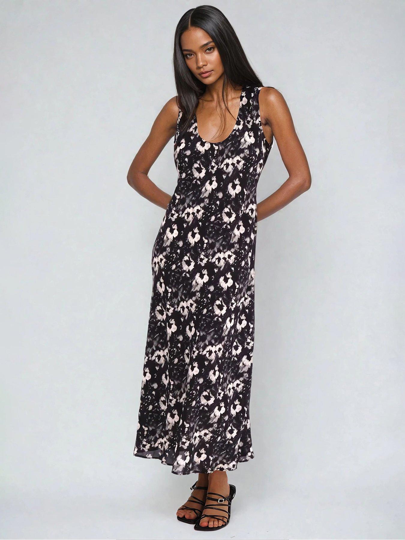 Image 1 of 6 of Religion Element Bias Cut Maxi Slip Dress In Dark Floral - Black