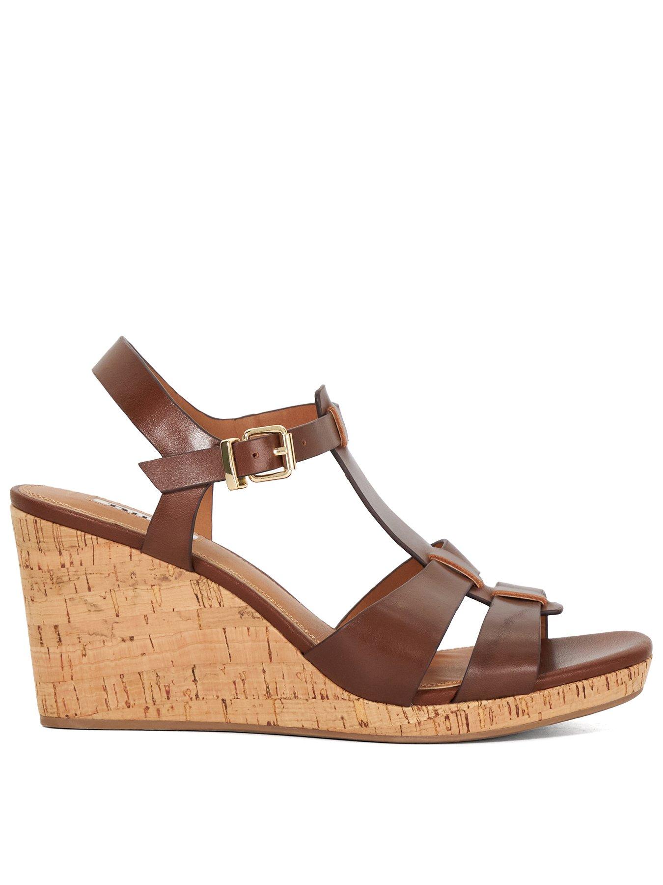 Image of Dune London Wide Fit Kastro Plaited Cork Leather Wedge Sandals - Tan, BROWN, Size 5, Women