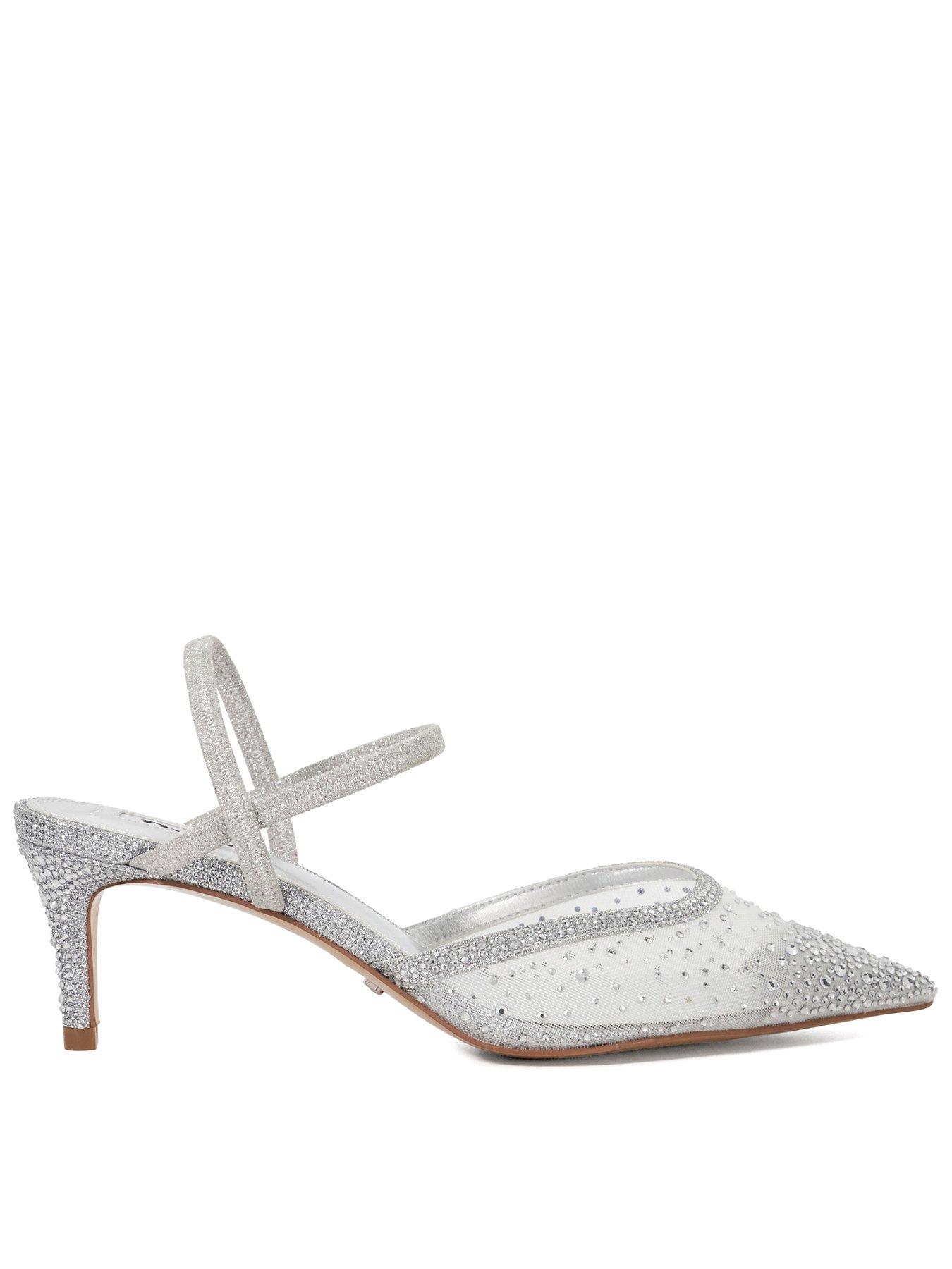 Image 1 of 6 of Dune London Wide Fit Charismatic Embellished Mesh Heel - Silver