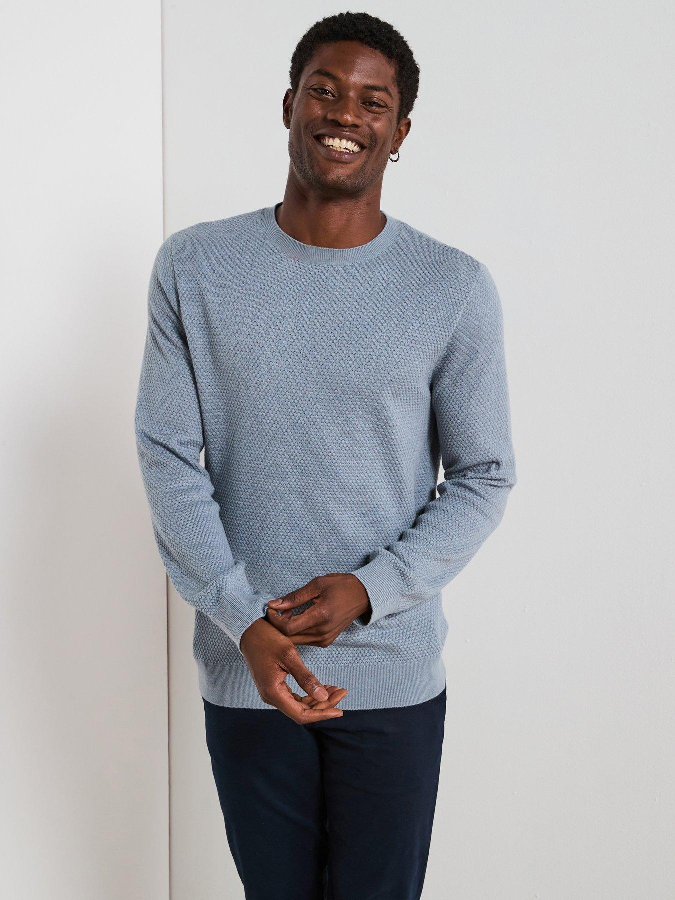 Very Man Textured Crew Neck Jumper With Wool - Light Blue