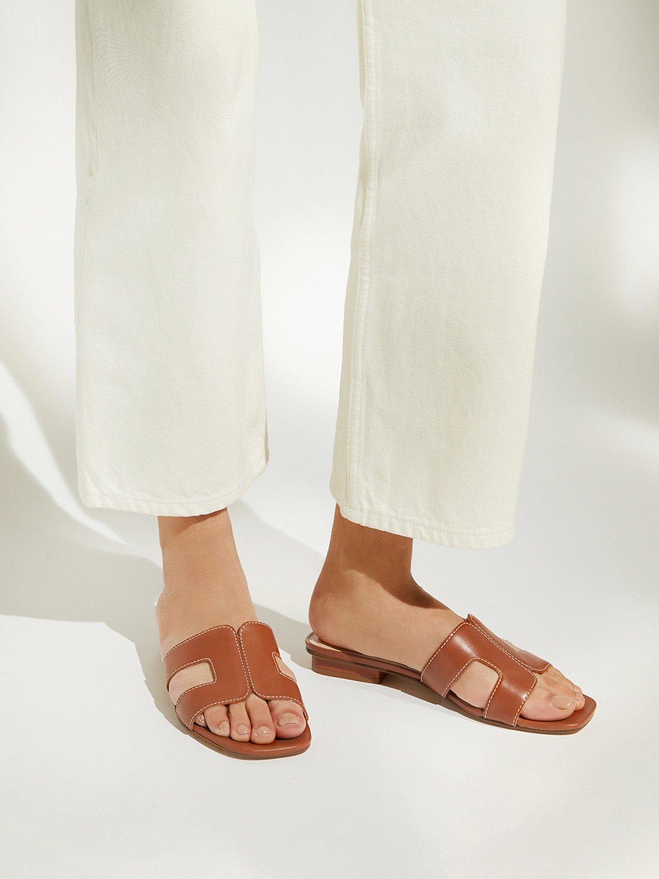 Image 6 of 6 of Dune London Wide Fit Loupe Leather Slider Sandals - Tan