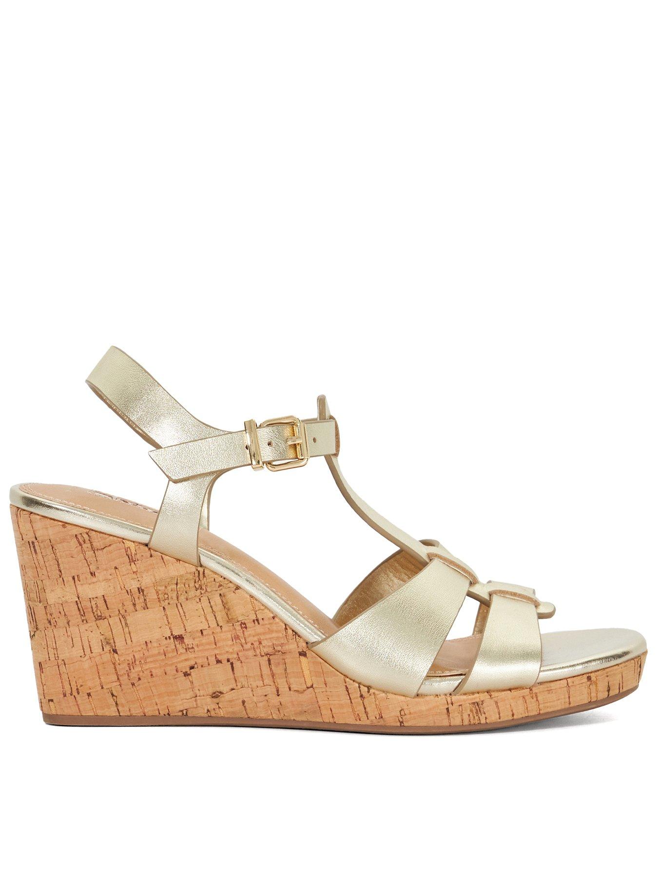 undefined Wide Fit Kastro Plaited Cork Leather Wedge Sandals - Gold