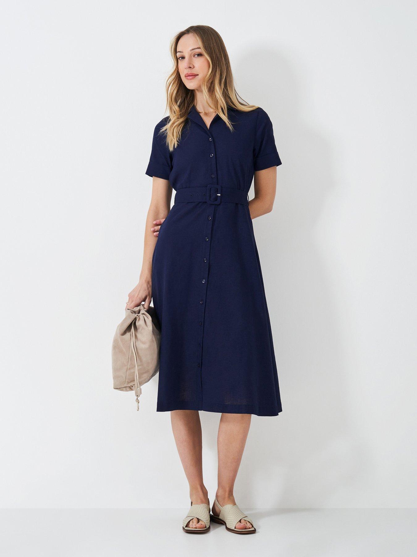 undefined Ava Linen-Blend Shirt Dress - Navy
