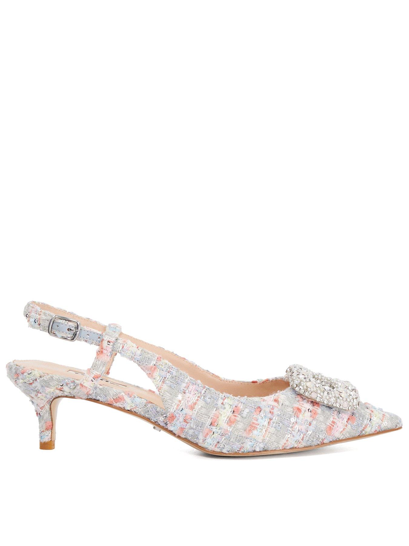 undefined Centrepiece Boucle Brooch Detail Kitten Heel Sling-back - Grey