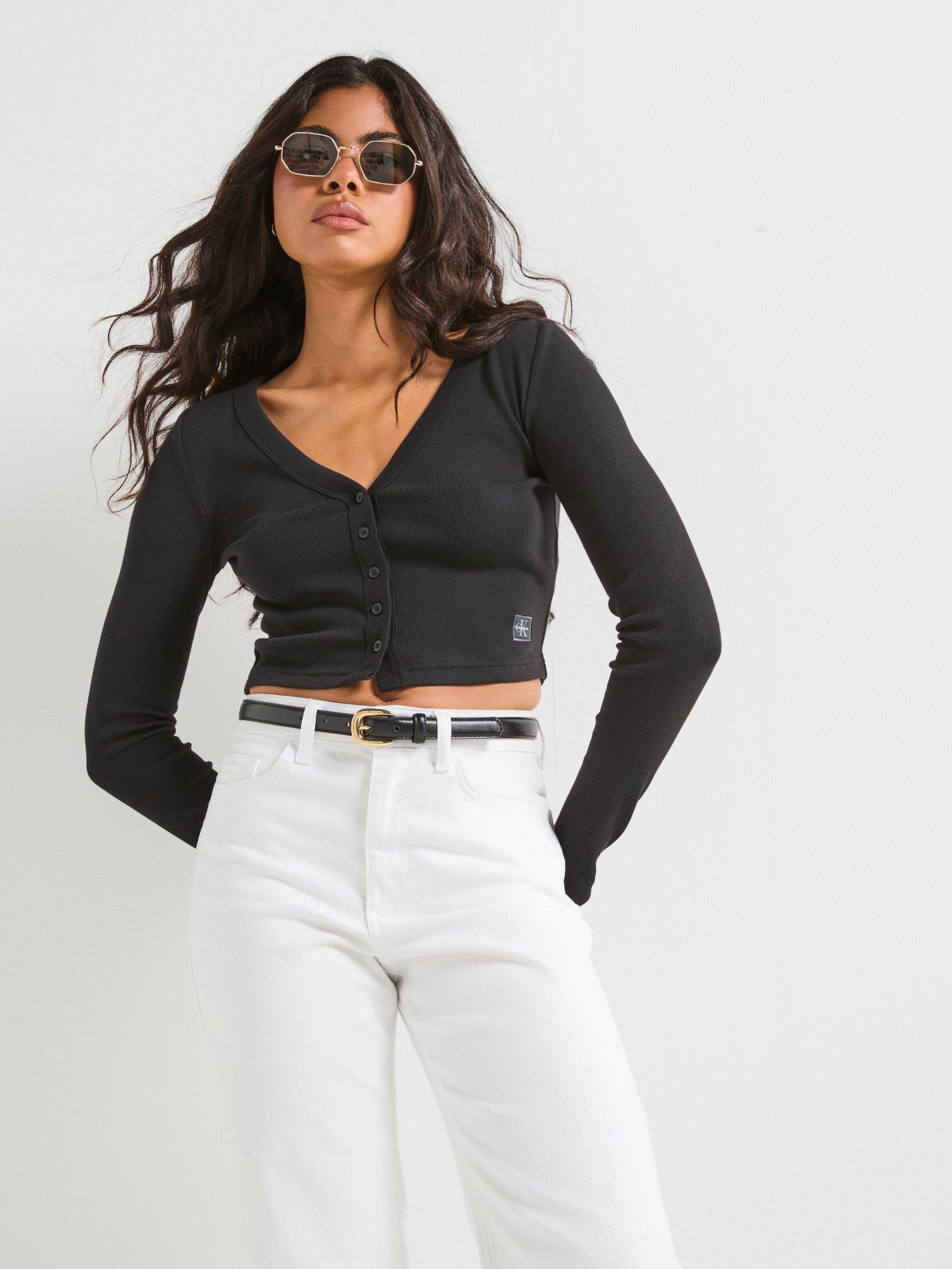 undefined Ribbed Slim Cropped Cardigan - Black
