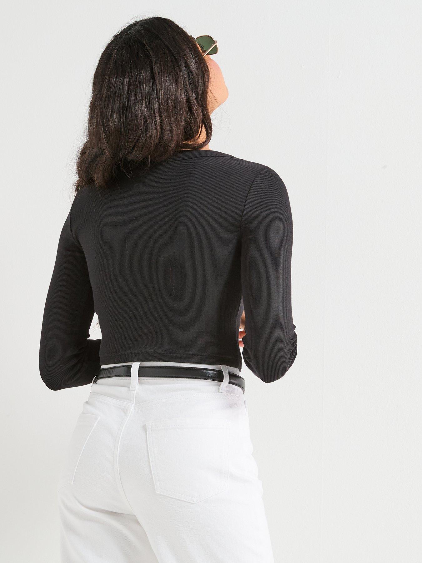 Image 2 of 6 of Calvin Klein Jeans Ribbed Slim Cropped Cardigan - Black