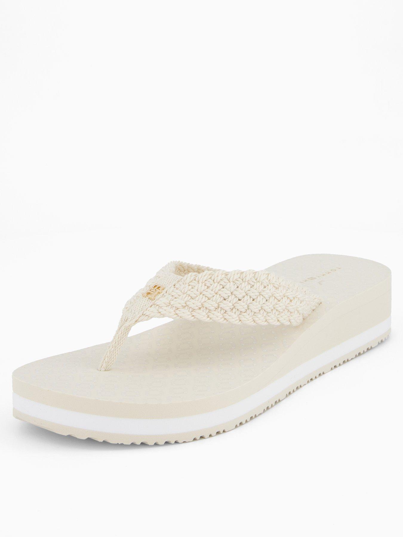 undefined Crochet Wedge Flip Flops - Cream - Beige