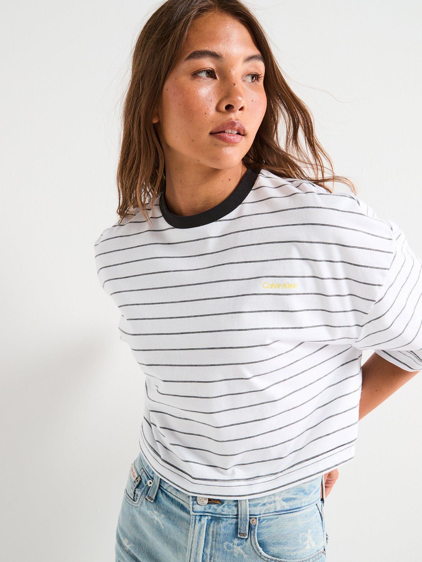 undefined Cropped Stripe Boxy T-Shirt - White