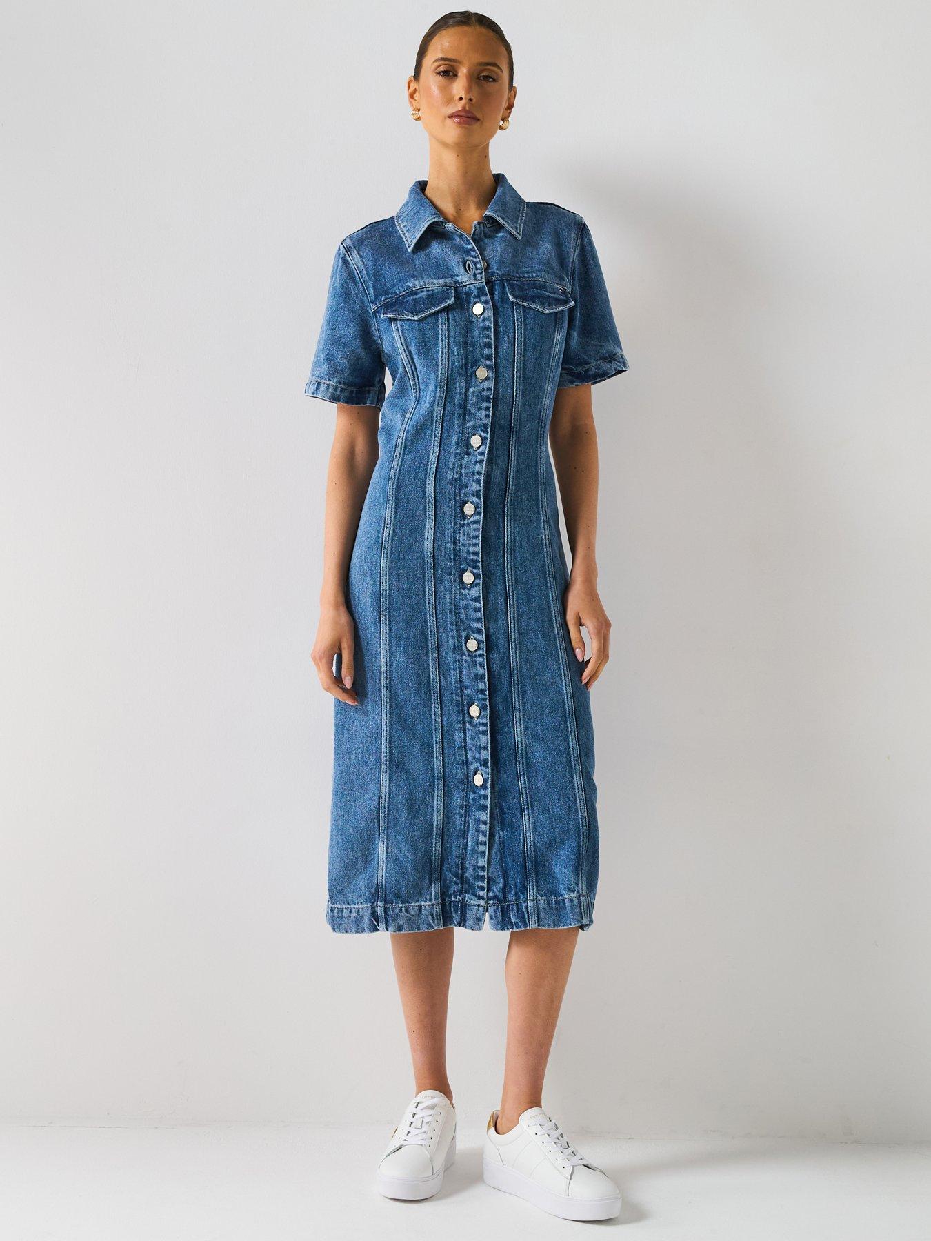 undefined Lana Short Sleeve Denim Midi Shirt Dress - Blue