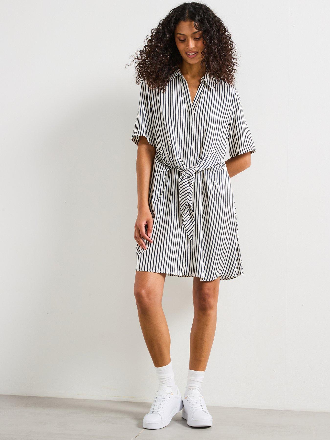 undefined Short Sleeve Striped Knot Dress - Navy