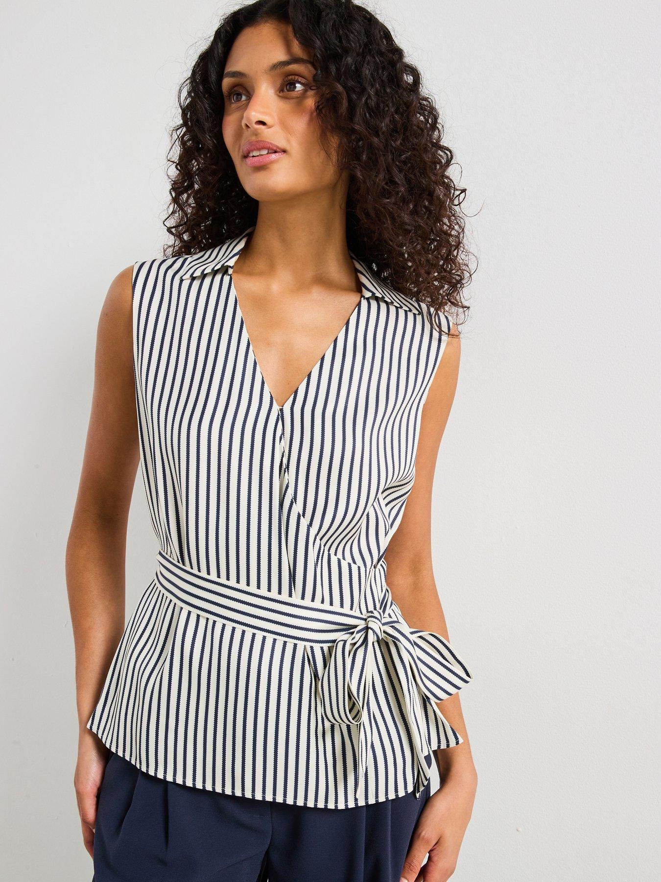 undefined Slim Fit Striped Wrap Top - Navy