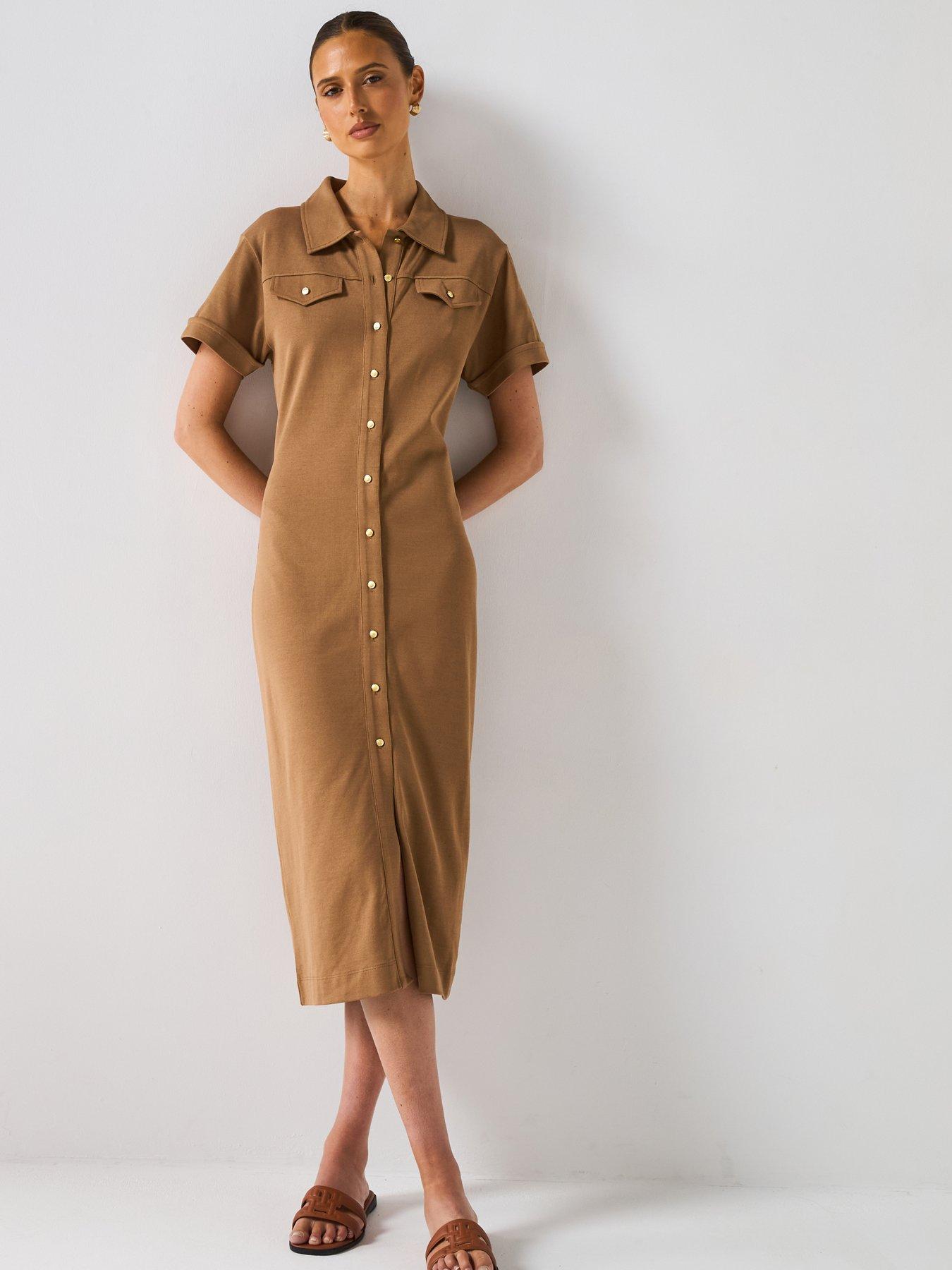 undefined Short Sleeve Gold Button Midi Shirt Dress - Brown