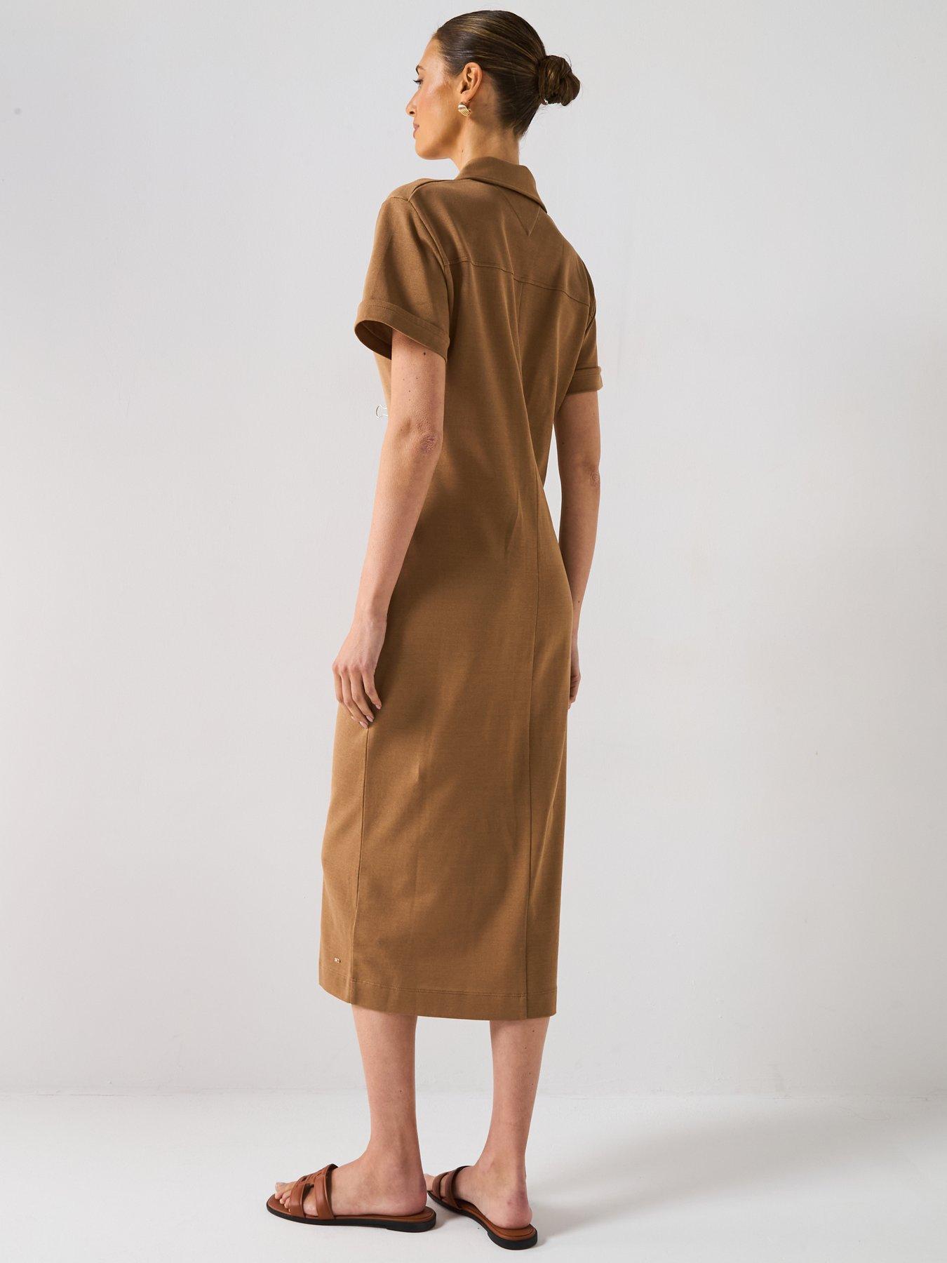  image of tommy-hilfiger-short-sleeve-gold-button-midi-shirt-dress-brown
