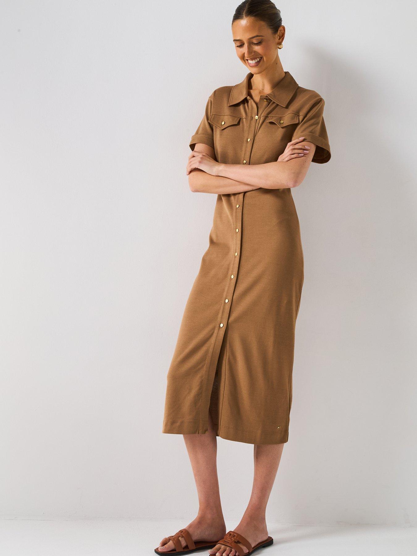  image of tommy-hilfiger-short-sleeve-gold-button-midi-shirt-dress-brown