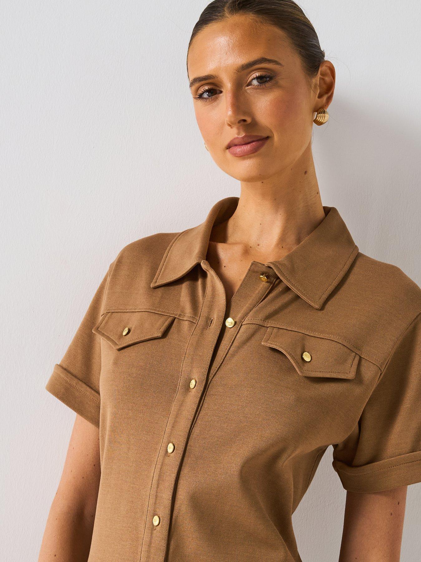  image of tommy-hilfiger-short-sleeve-gold-button-midi-shirt-dress-brown