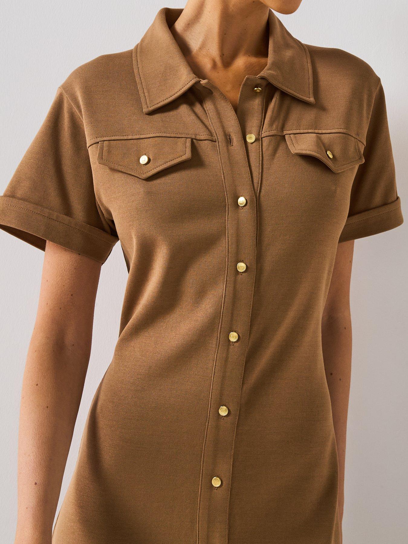  image of tommy-hilfiger-short-sleeve-gold-button-midi-shirt-dress-brown