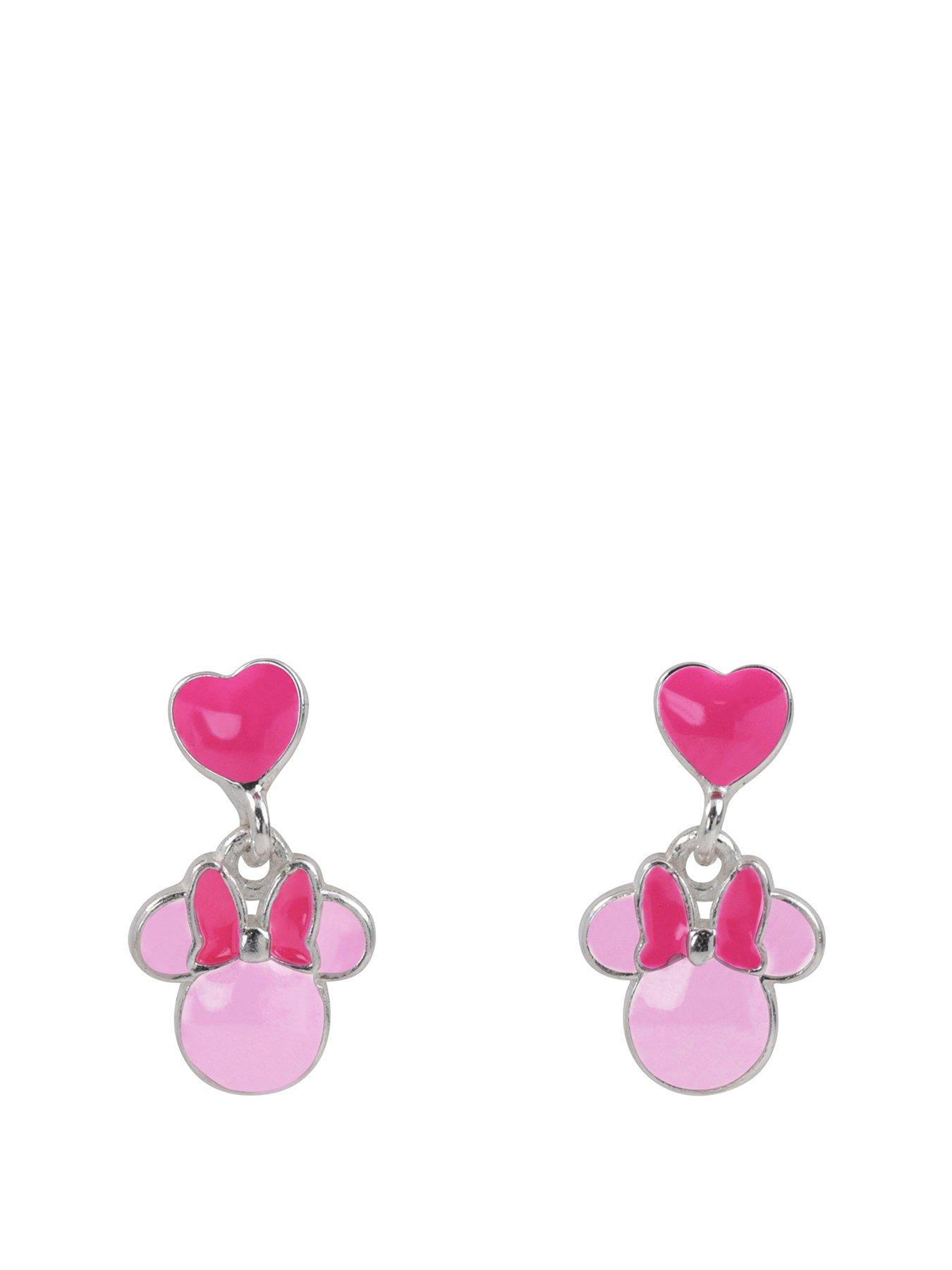 Image 1 of 3 of Disney 925 Sterlling Silver Minnie Mouse Pink Enamel Love Heart Drop Earrings