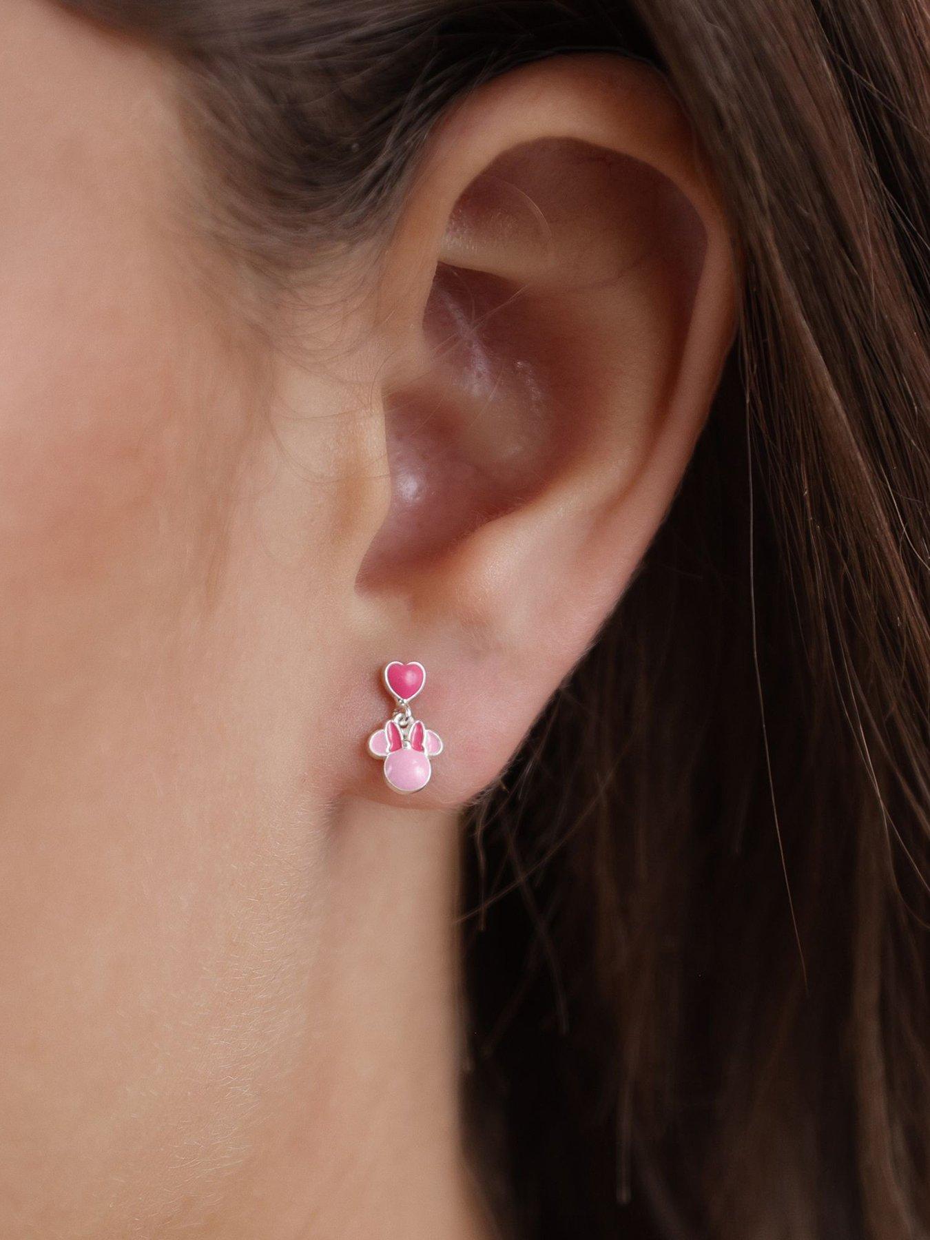 Image 2 of 3 of Disney 925 Sterlling Silver Minnie Mouse Pink Enamel Love Heart Drop Earrings