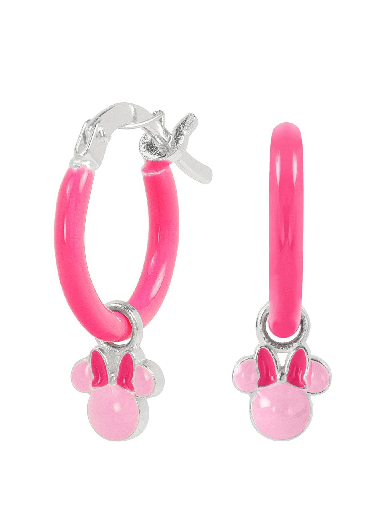 Image 1 of 3 of Disney Sterling Silver 925 Minnie Mouse Pink Enamel Huggie Earrings