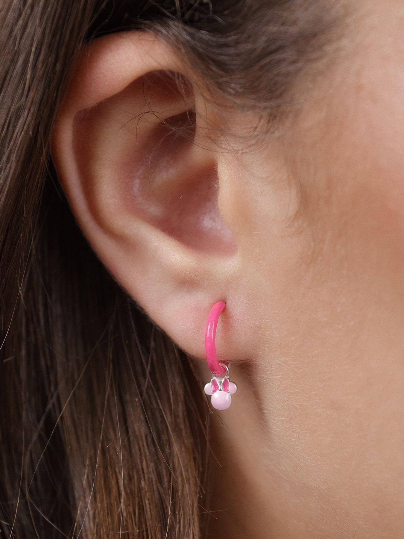 Image 2 of 3 of Disney Sterling Silver 925 Minnie Mouse Pink Enamel Huggie Earrings