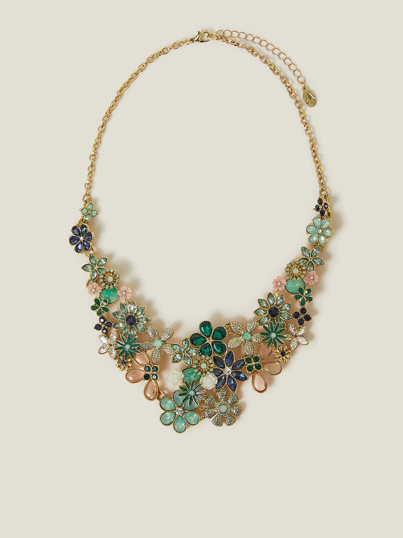Image 1 of 3 of Accessorize Gem Flower Statement Necklace
