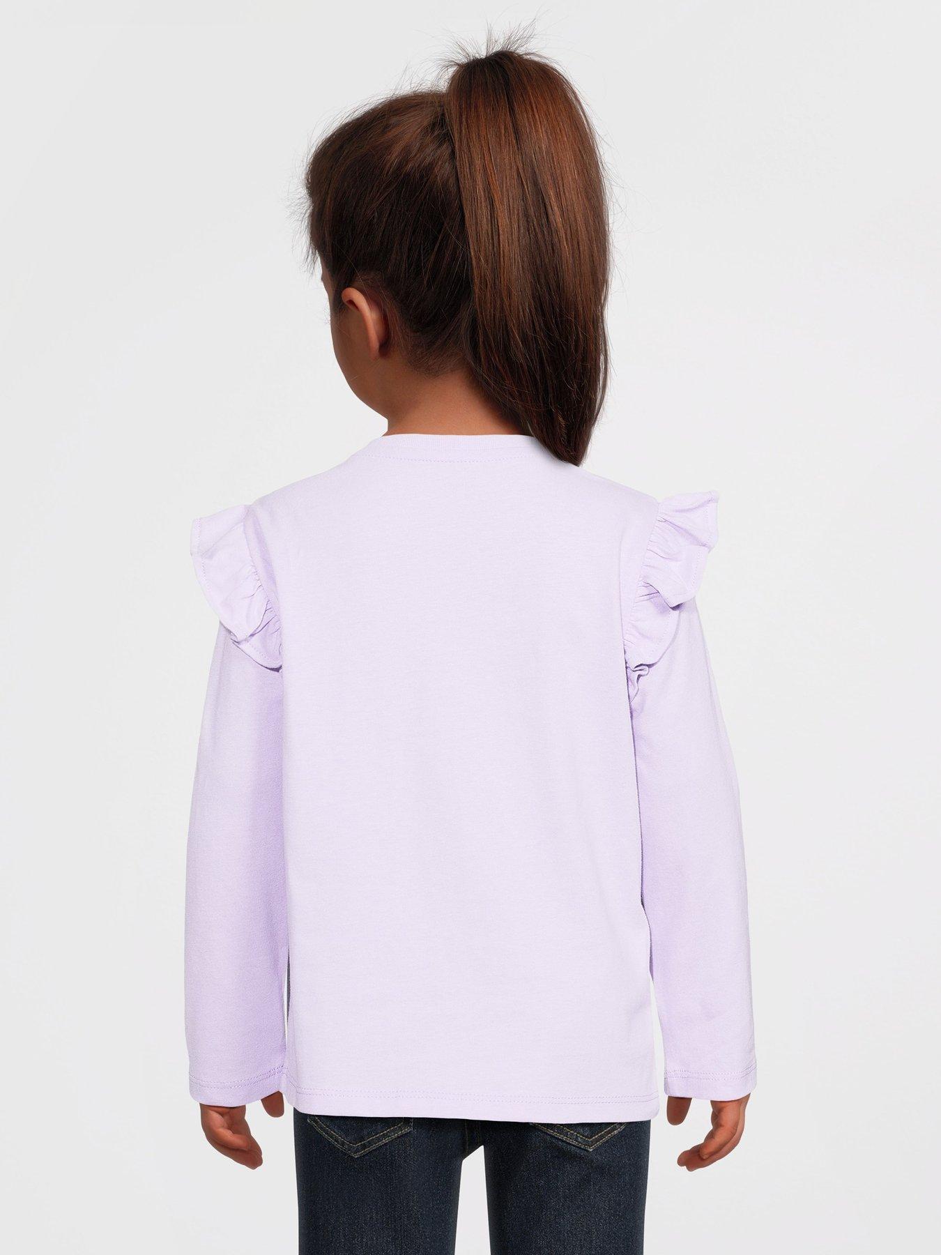 Image 2 of 5 of Mini V by Very Girls Foil Bow Print Long Sleeve Frill Shoulder Tshirt - Purple
