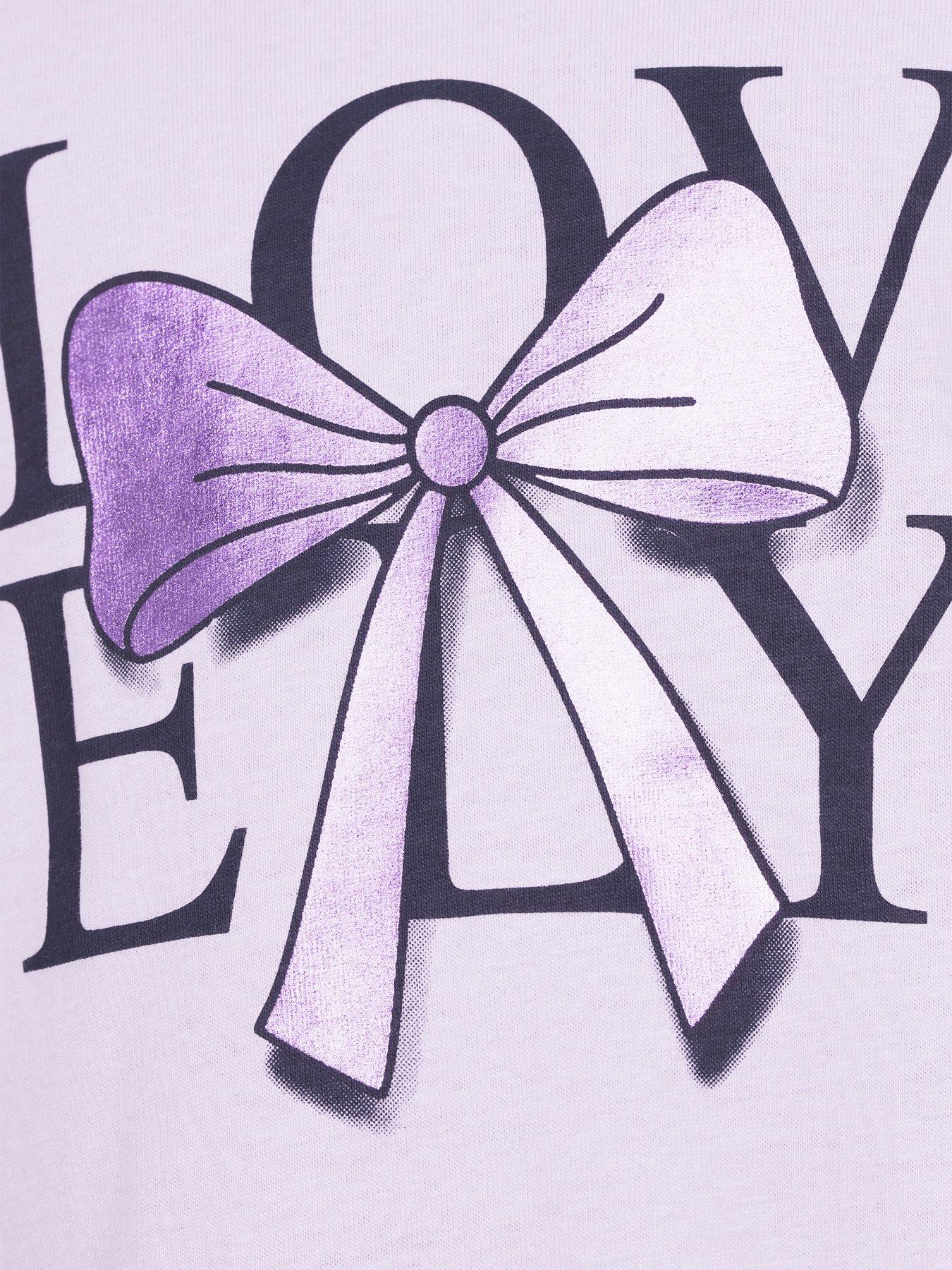 Image 4 of 5 of Mini V by Very Girls Foil Bow Print Long Sleeve Frill Shoulder Tshirt - Purple