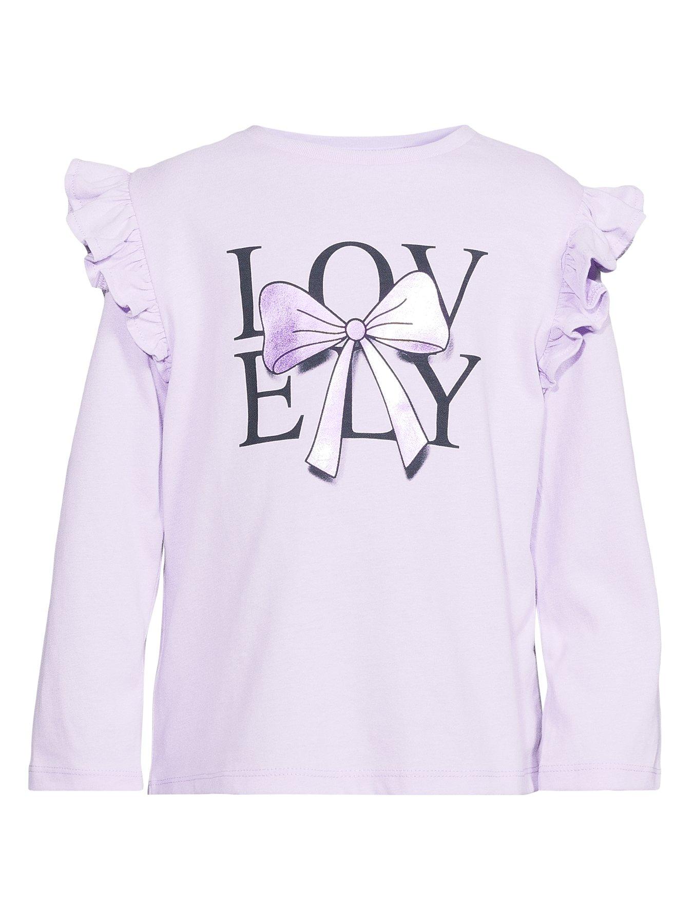 Image 5 of 5 of Mini V by Very Girls Foil Bow Print Long Sleeve Frill Shoulder Tshirt - Purple