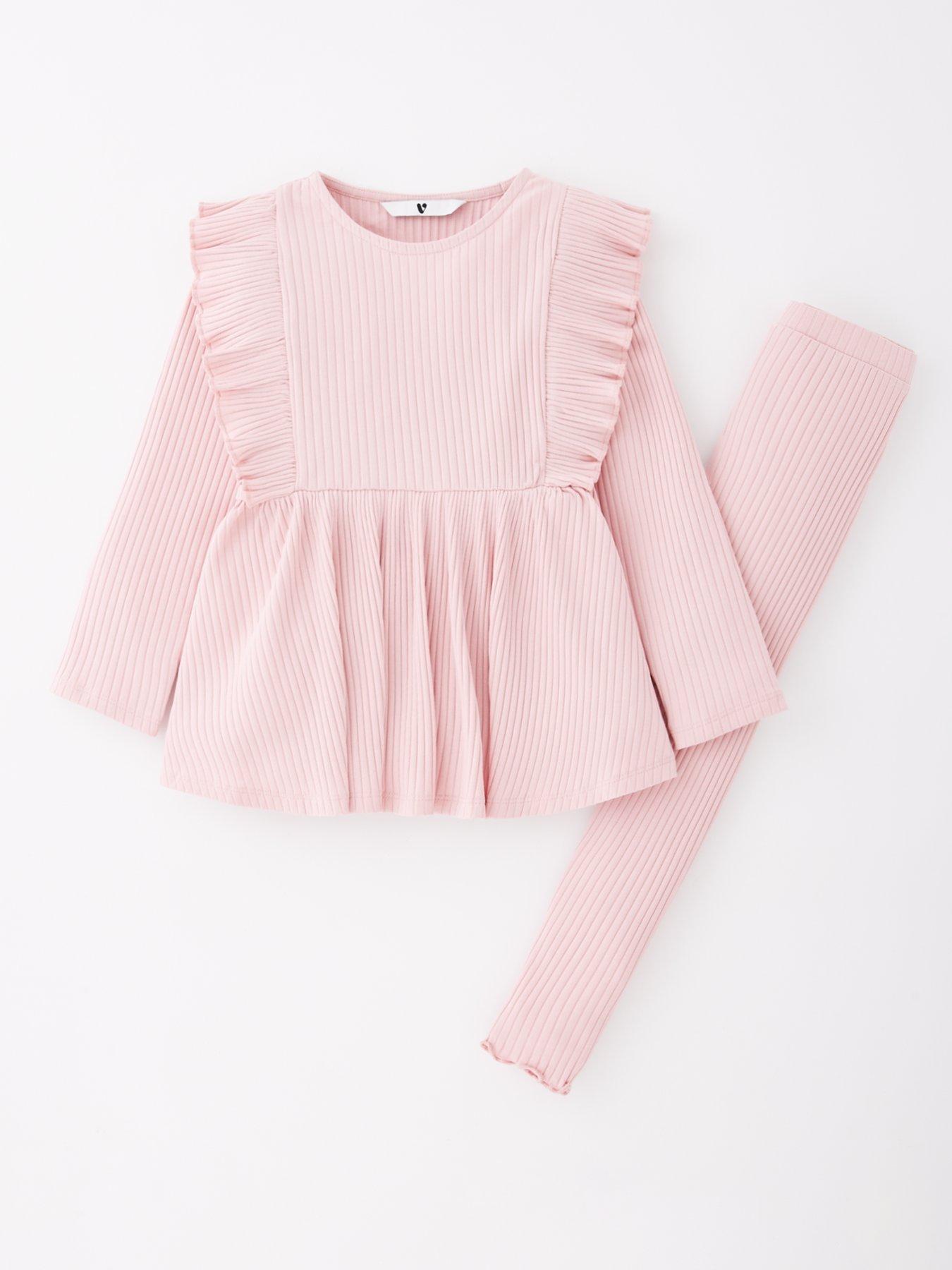 undefined Girls Rib Peplum Hem And Frill Shoulder Long Sleeve Top And Legging Set