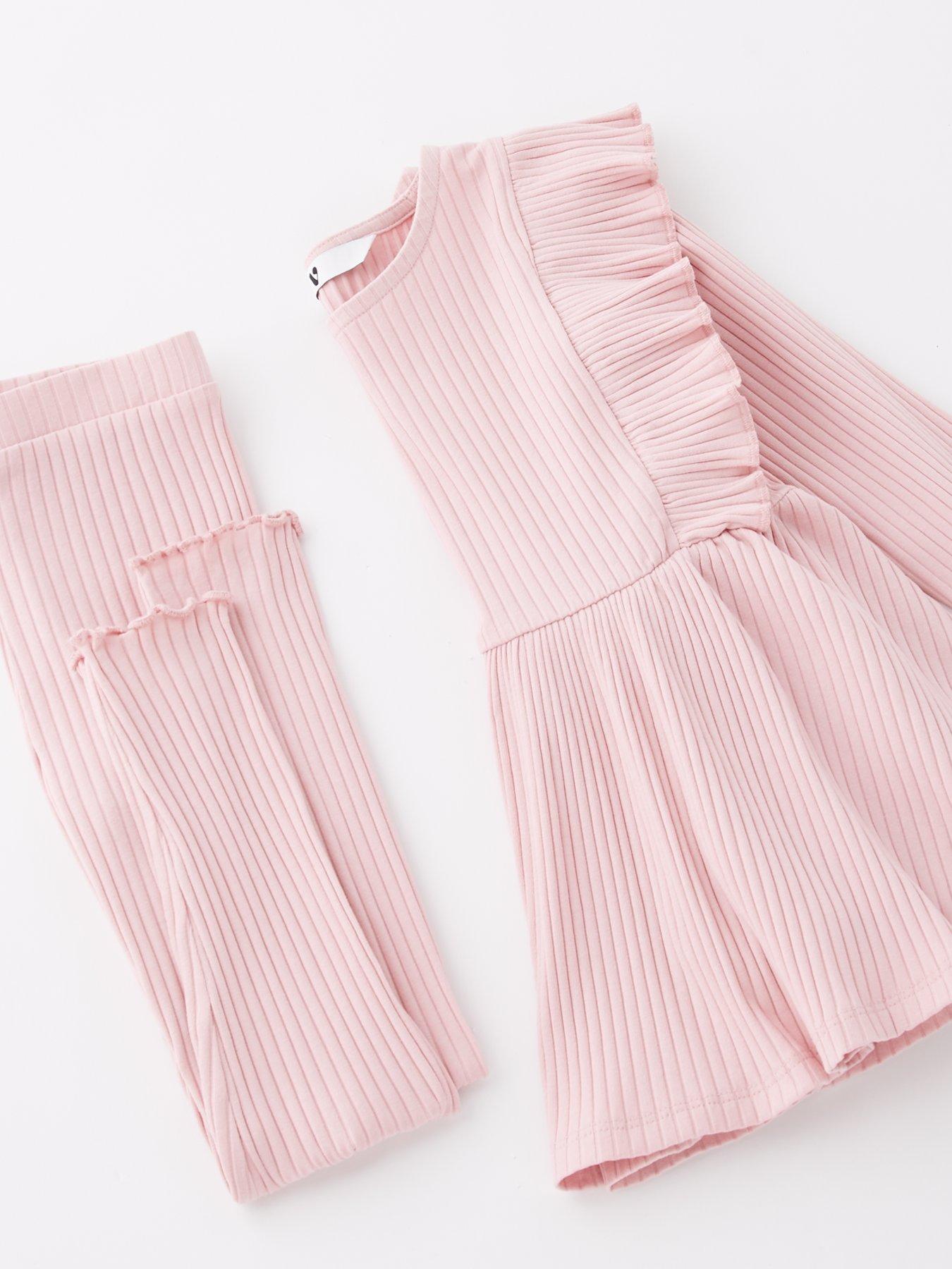 Image 4 of 4 of Mini V by Very Girls Rib Peplum Hem And Frill Shoulder Long Sleeve Top And Legging Set - Pink
