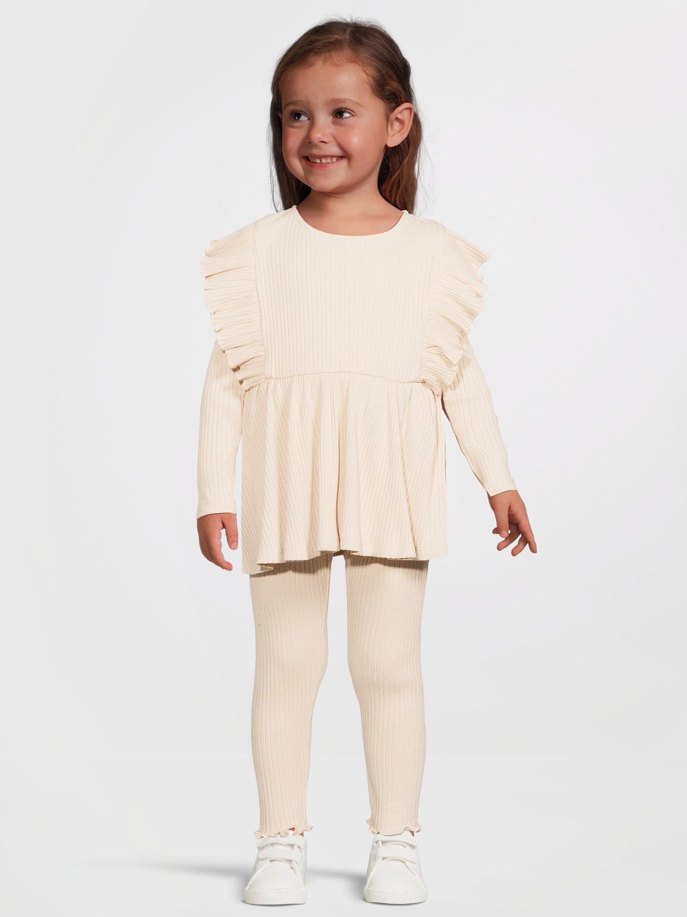 Mini V by Very Girls Rib Peplum Hem Frill Shoulder Long Sleeve Top and Legging Set - Cream