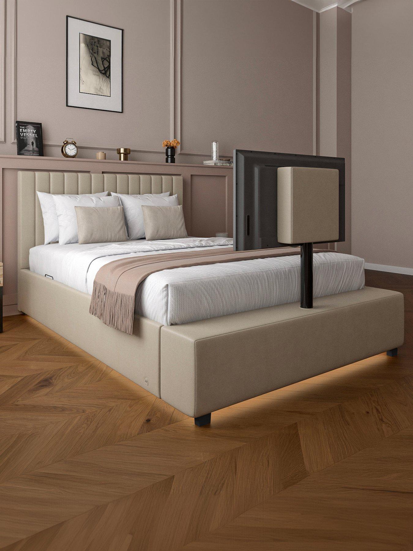 XR Living Maisie Upholstered Velvet Ottoman TV Bed with Under Frame LED Lights - Natural Stone