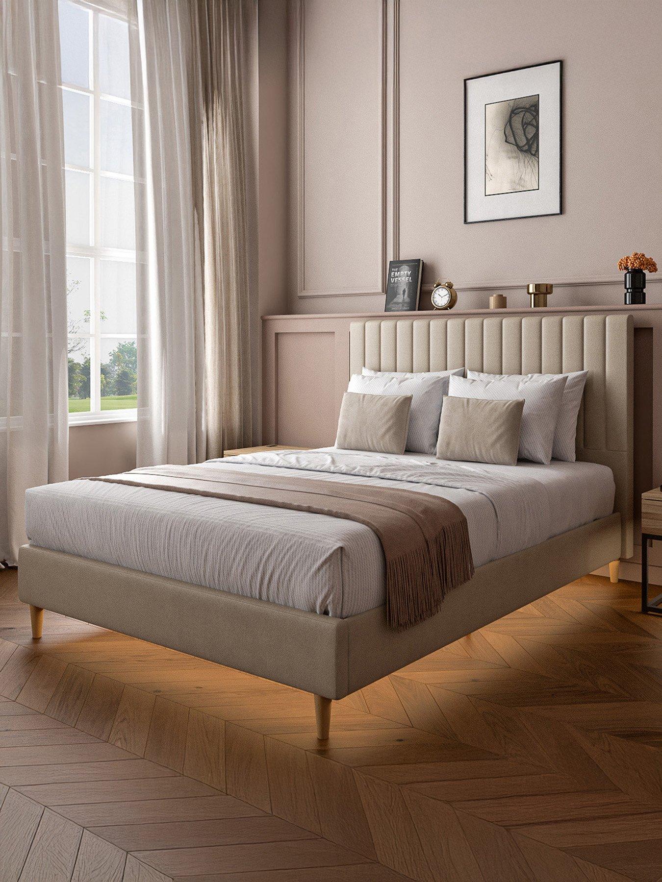 XR Living Maisie Velvet Bed Frame with Under Frame LED Lights - Natural Stone