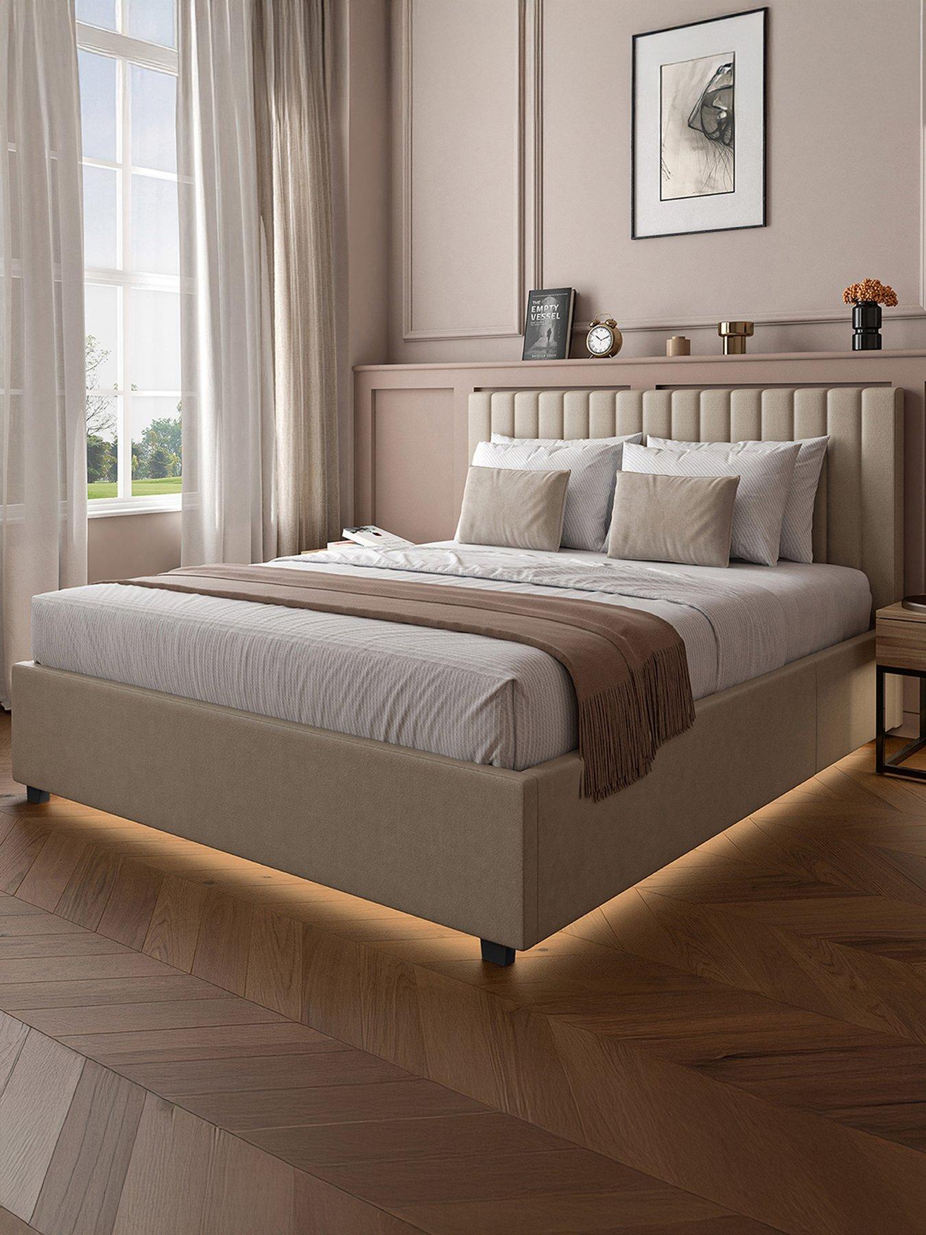 XR Living Maisie Velvet Ottoman Bed with Under Frame LED Lights - Natural Stone