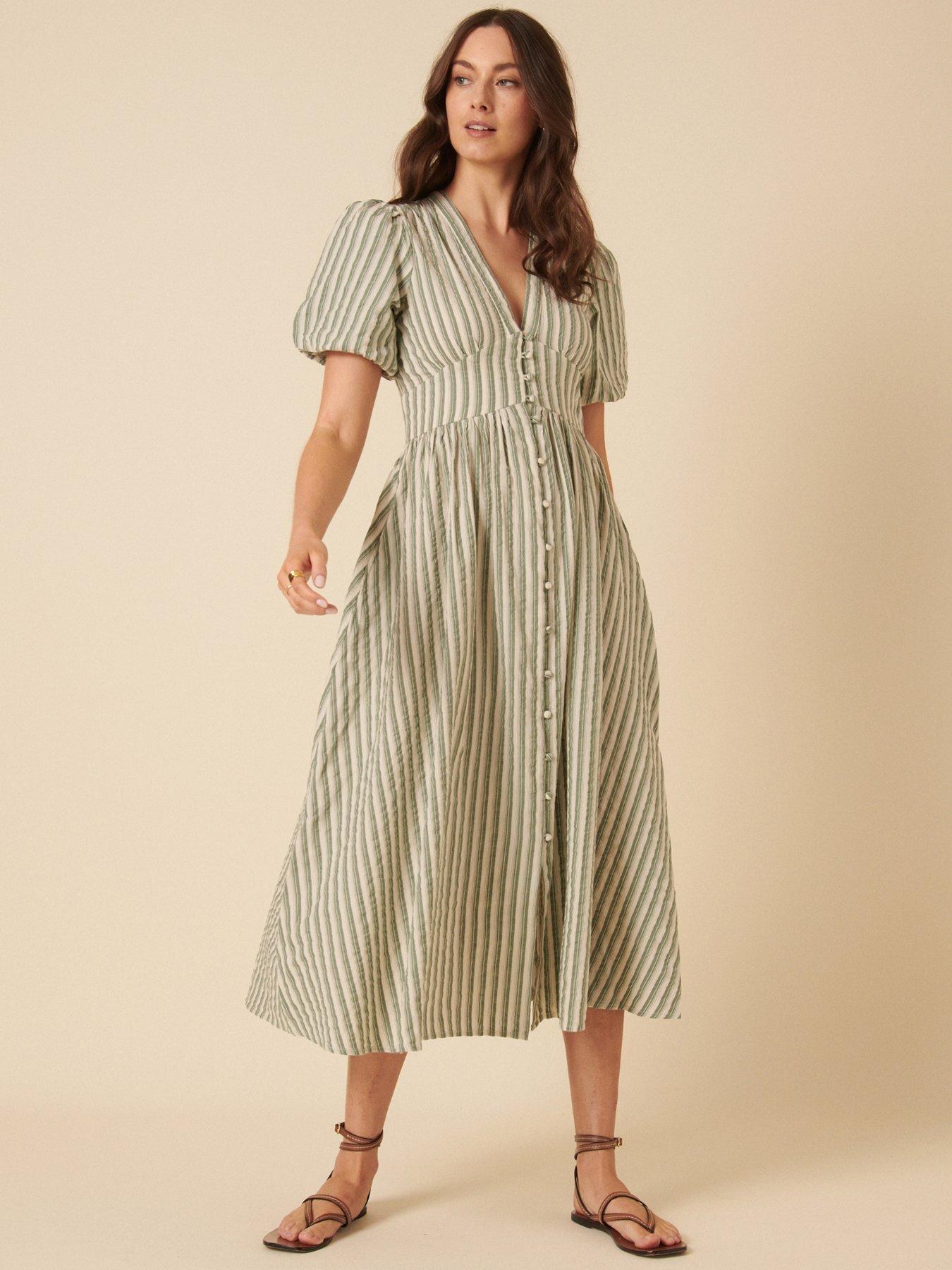 undefined Seersucker Stripe Midaxi Dress - Green