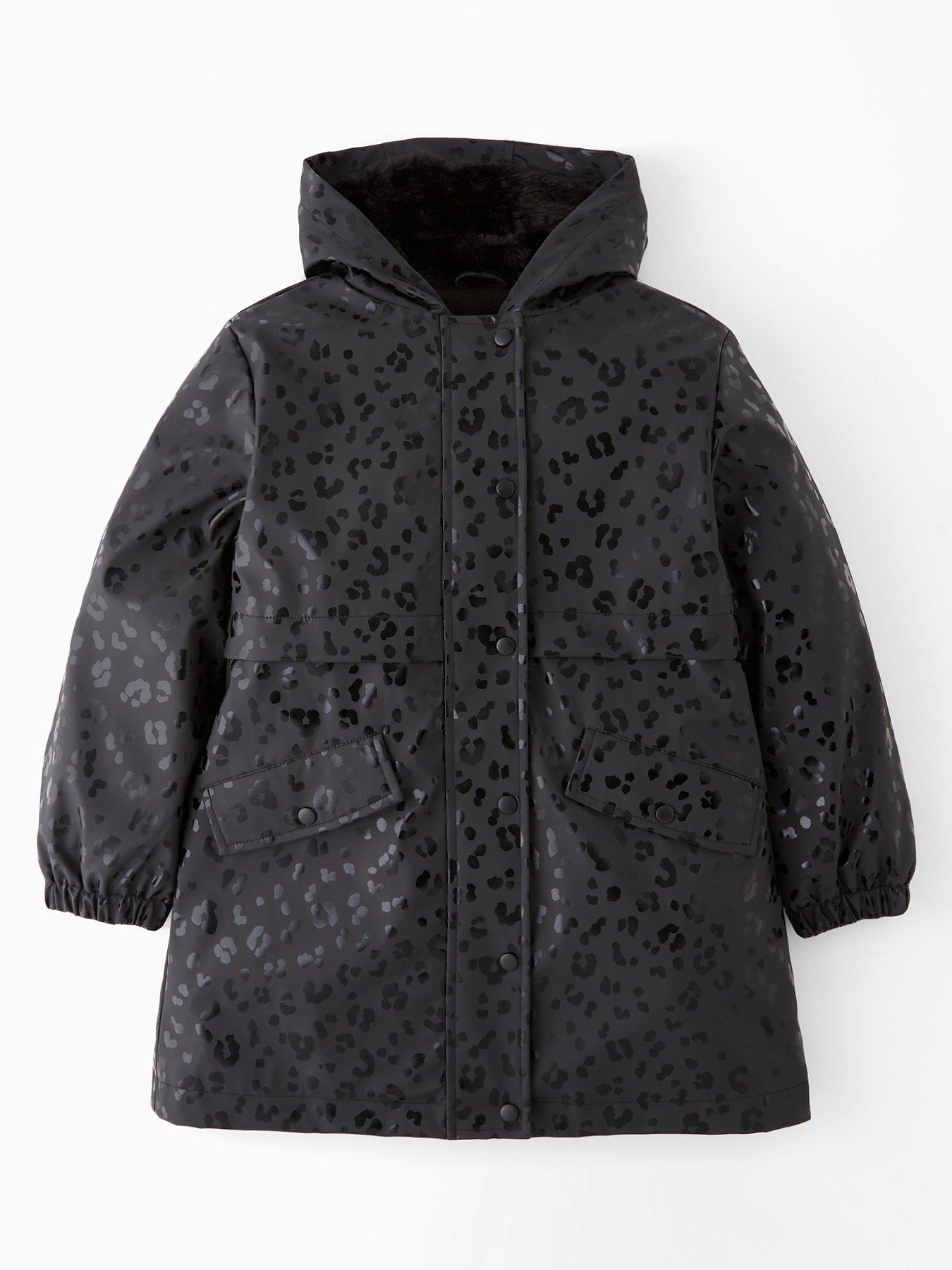 V by Very Girls Leopard Hooded Shower Resistant Fleece Lined Raincoat - Black