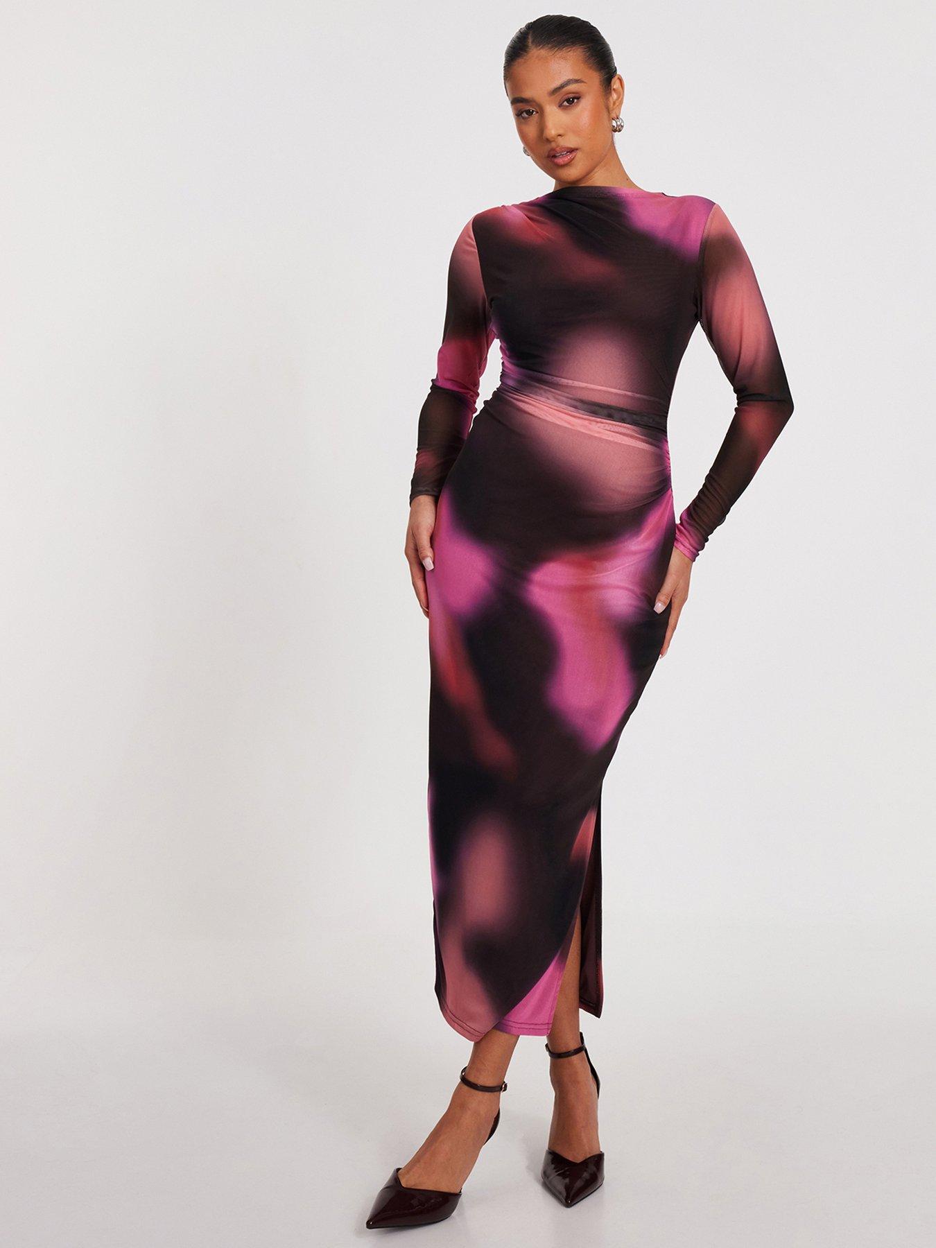 brown marble mesh dress MESH LS LONG DRESS main image 1