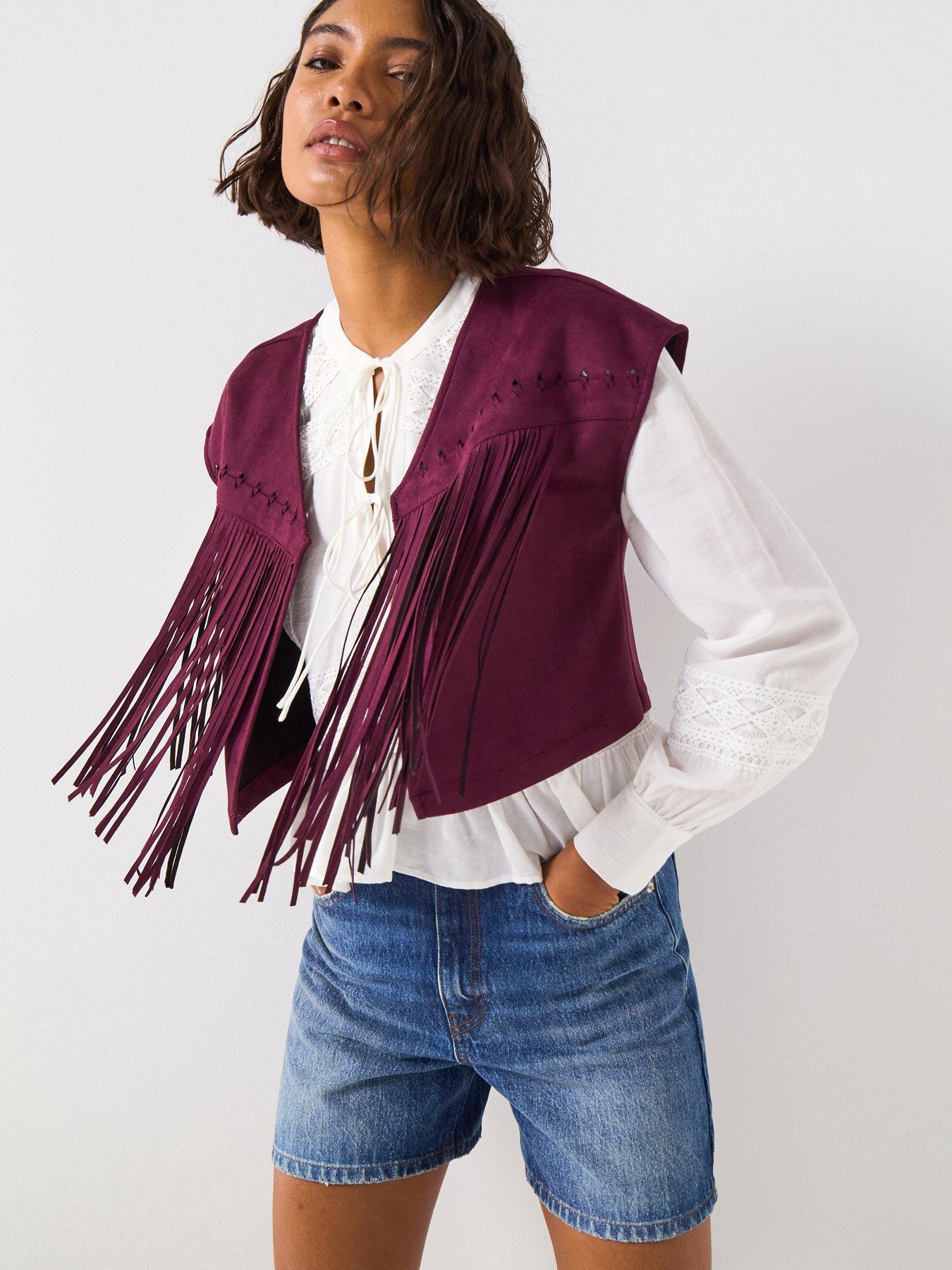 undefined Suedette Fringe Vest - Plum