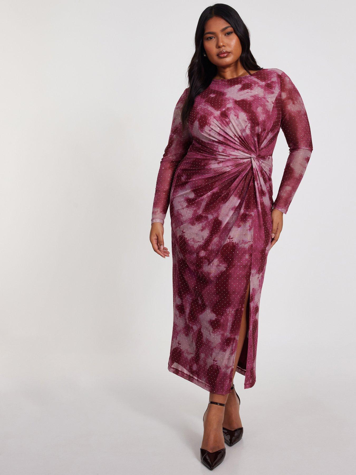 Image 1 of 6 of Quiz Curve Dark Pink Marble Print Midaxi Dress