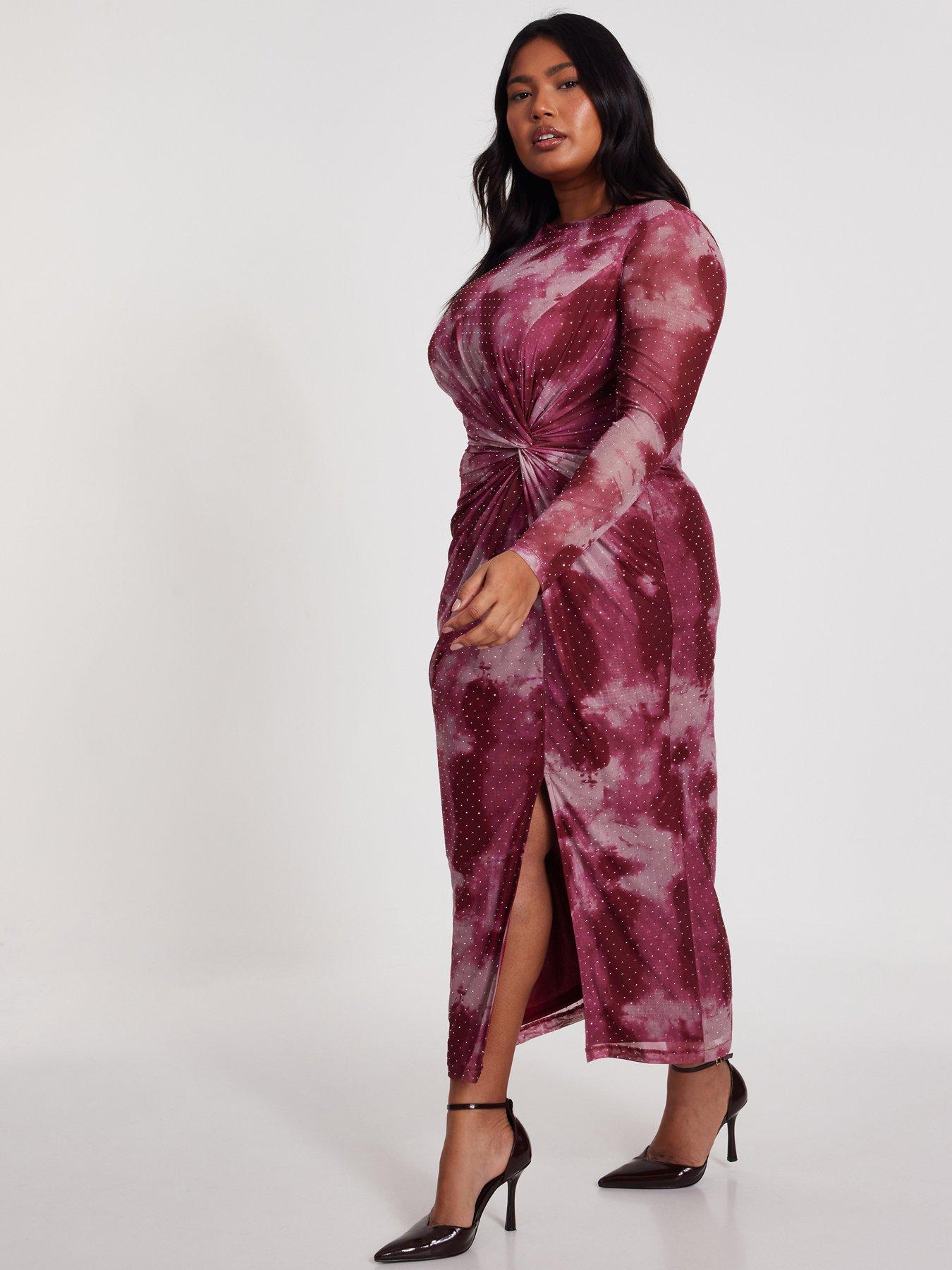 Image 3 of 6 of Quiz Curve Dark Pink Marble Print Midaxi Dress