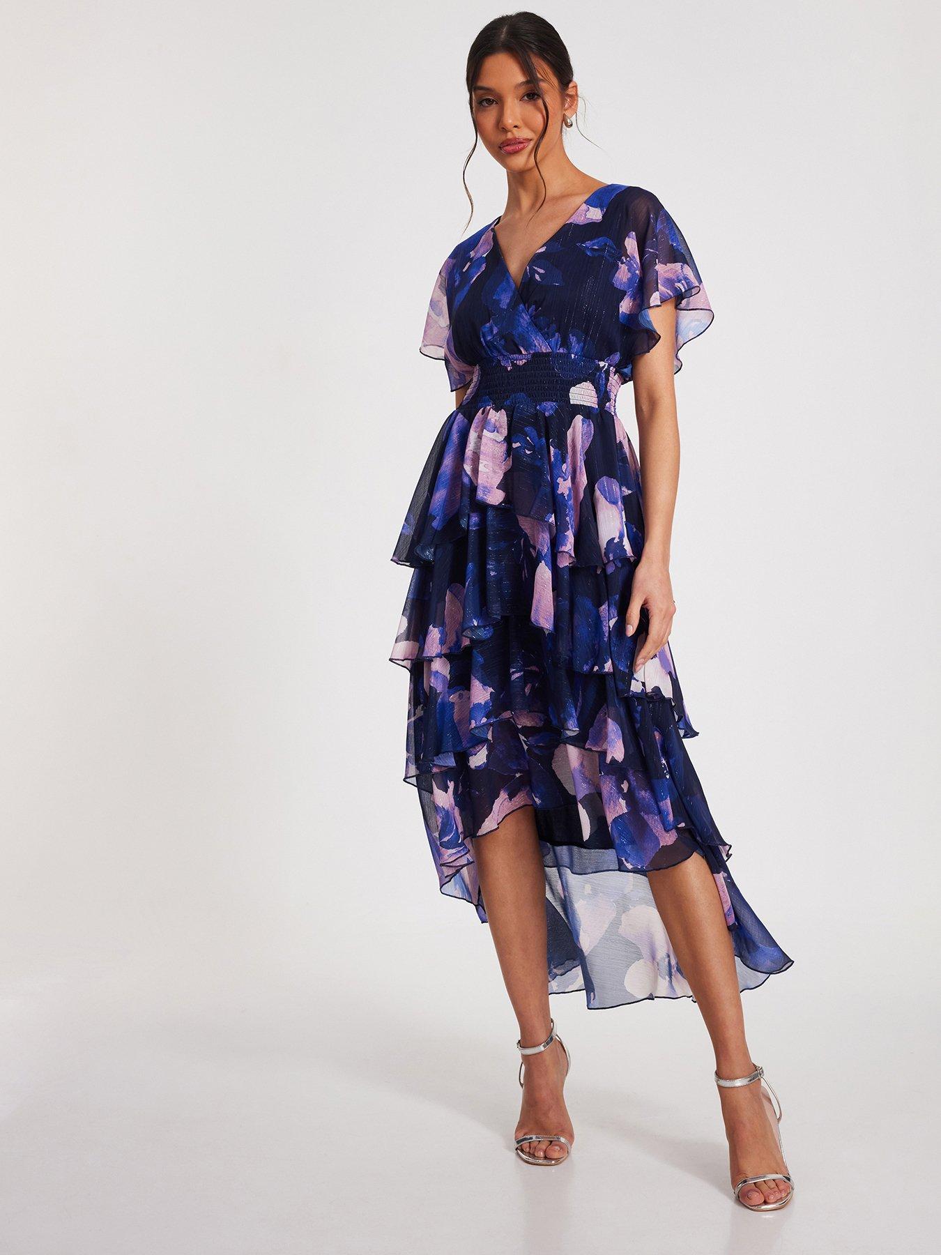 Image 1 of 6 of Quiz Navy Dip Hem Midi Dress