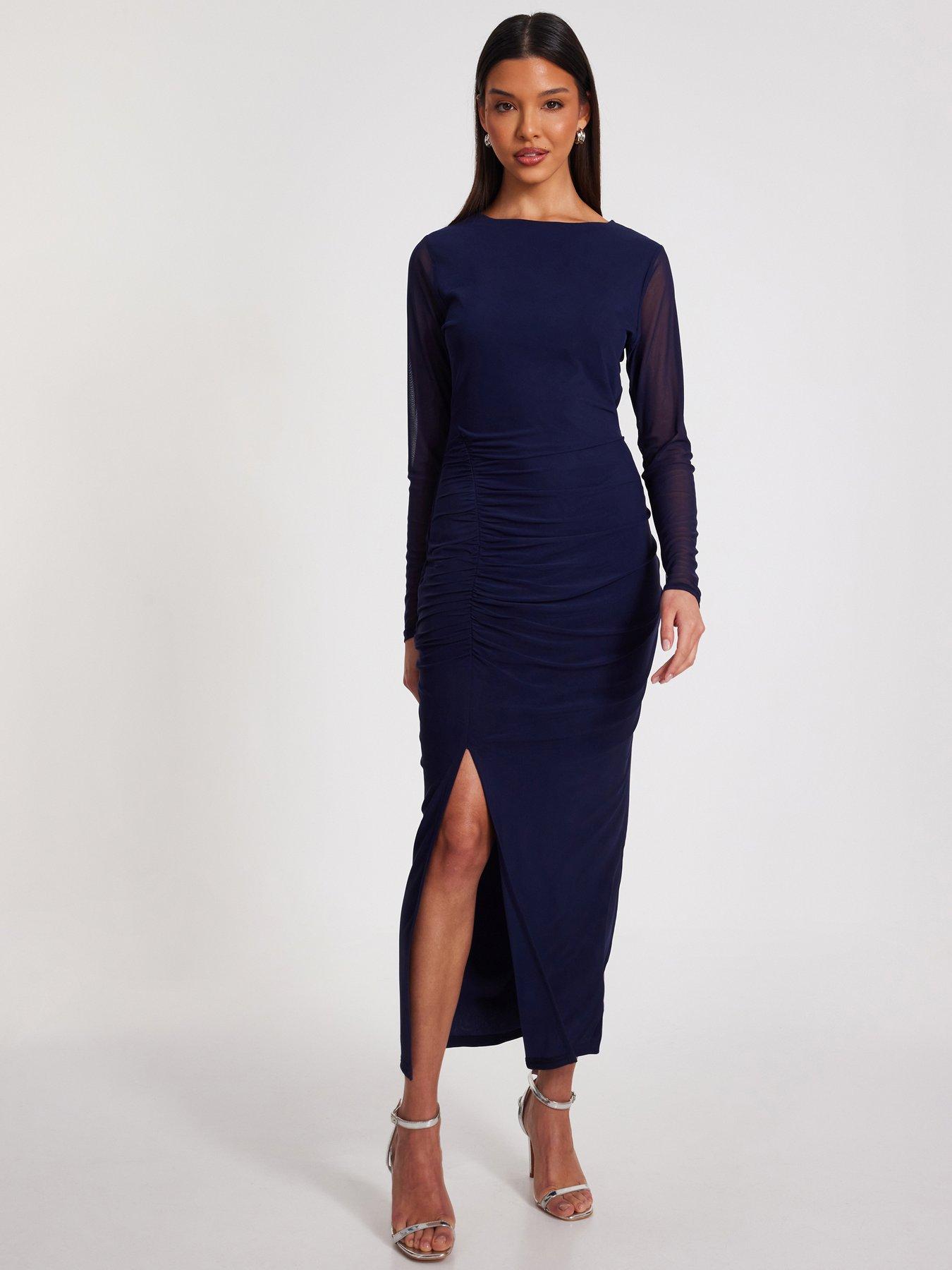 undefined Navy Mesh Long Sleeve Midaxi Dress