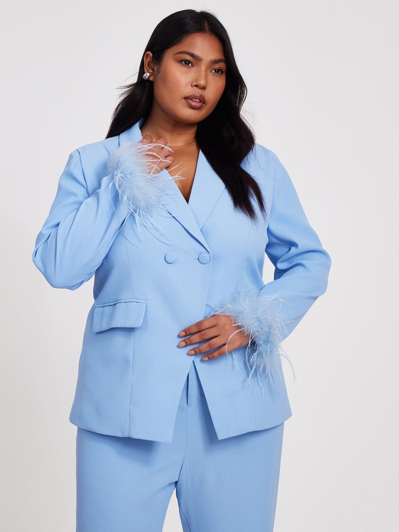 Image 1 of 4 of Quiz Curve Light Blue Feather Trim Blazer