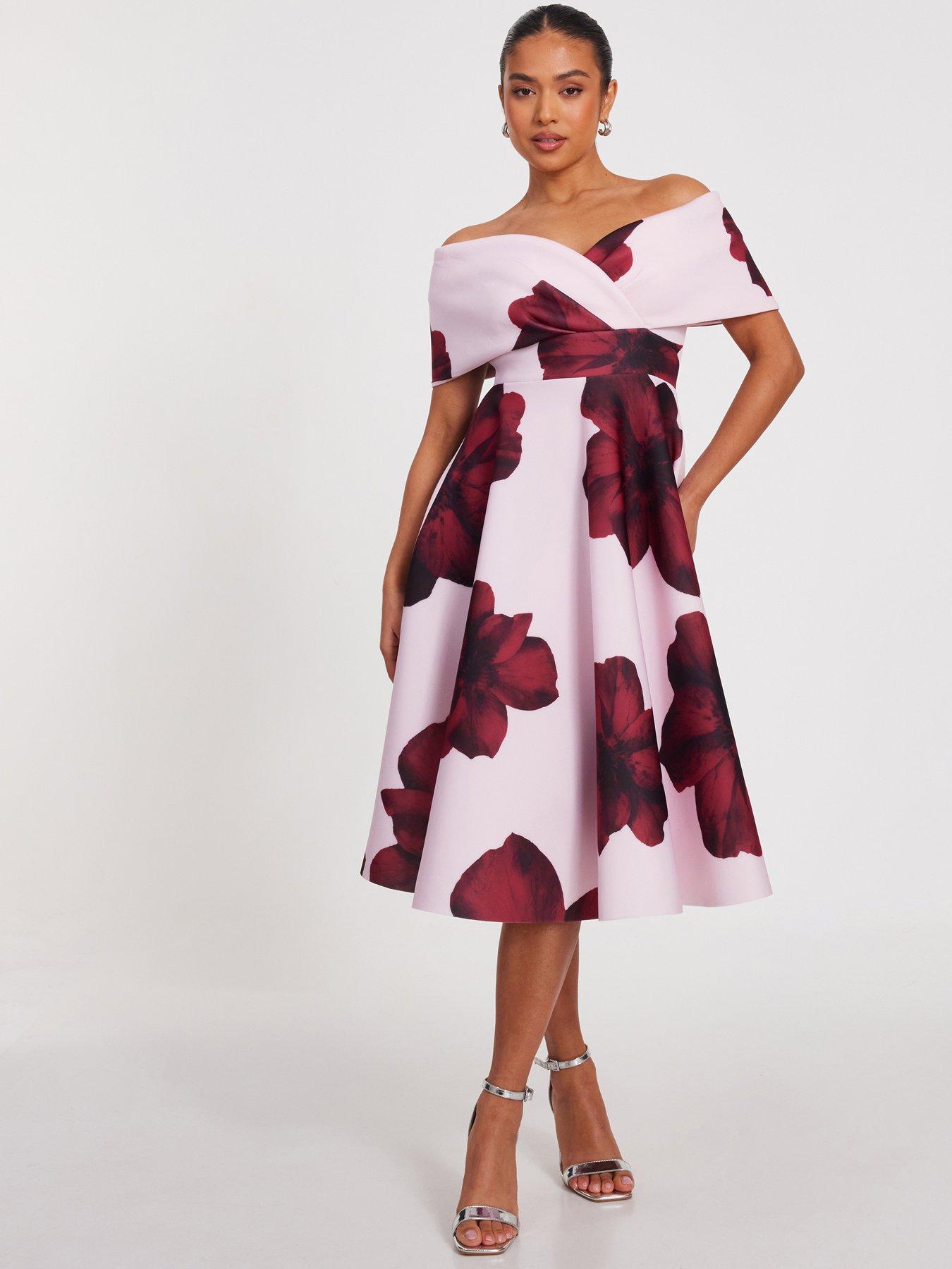 undefined Petite Blush Bardot Floral Skater Dress